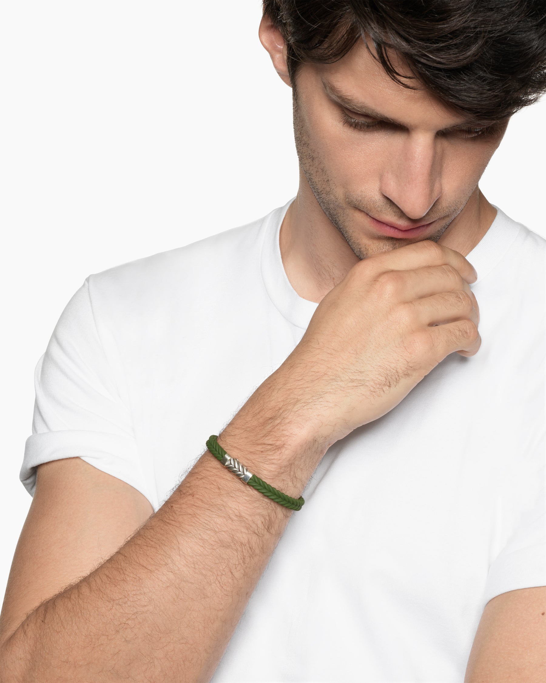 Alternative view of Chevron Bracelet in Green Rubber with Sterling Silver, 6mm