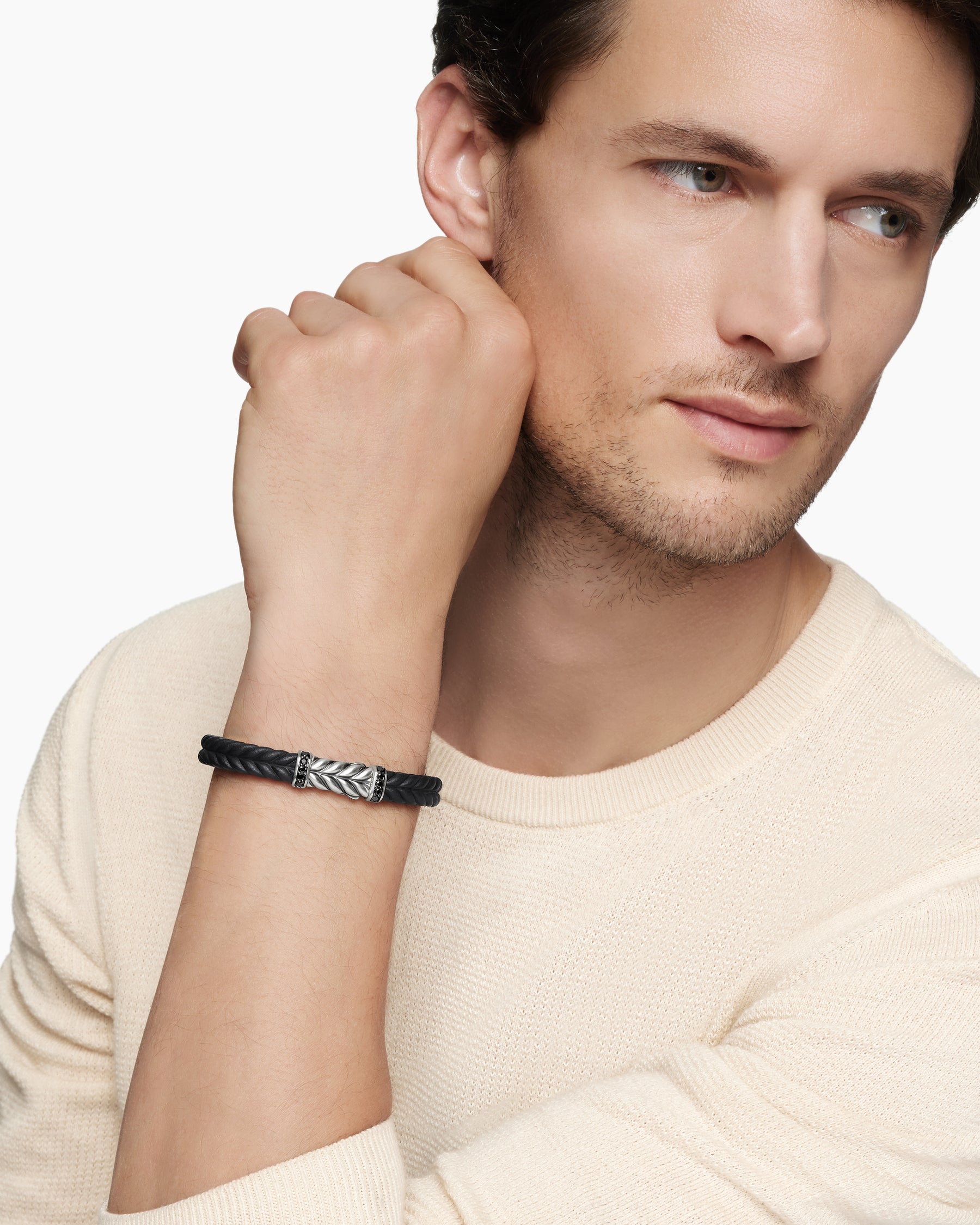 Chevron Bracelet in Black Rubber with Black Diamonds and Sterling Silver, 9mm - Image 7