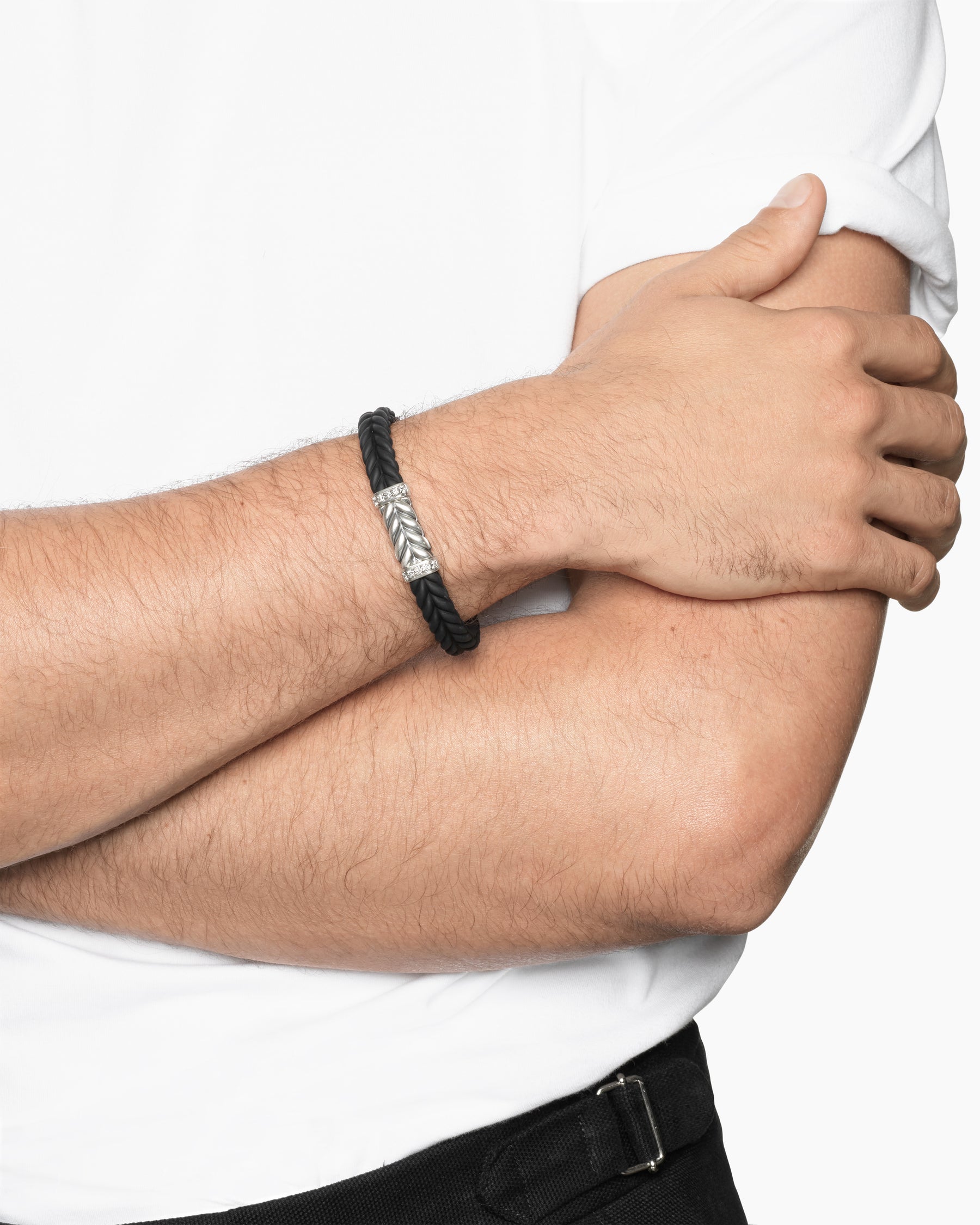 Alternative view of Chevron Bracelet in Black Rubber with Diamonds and Sterling Silver, 9mm