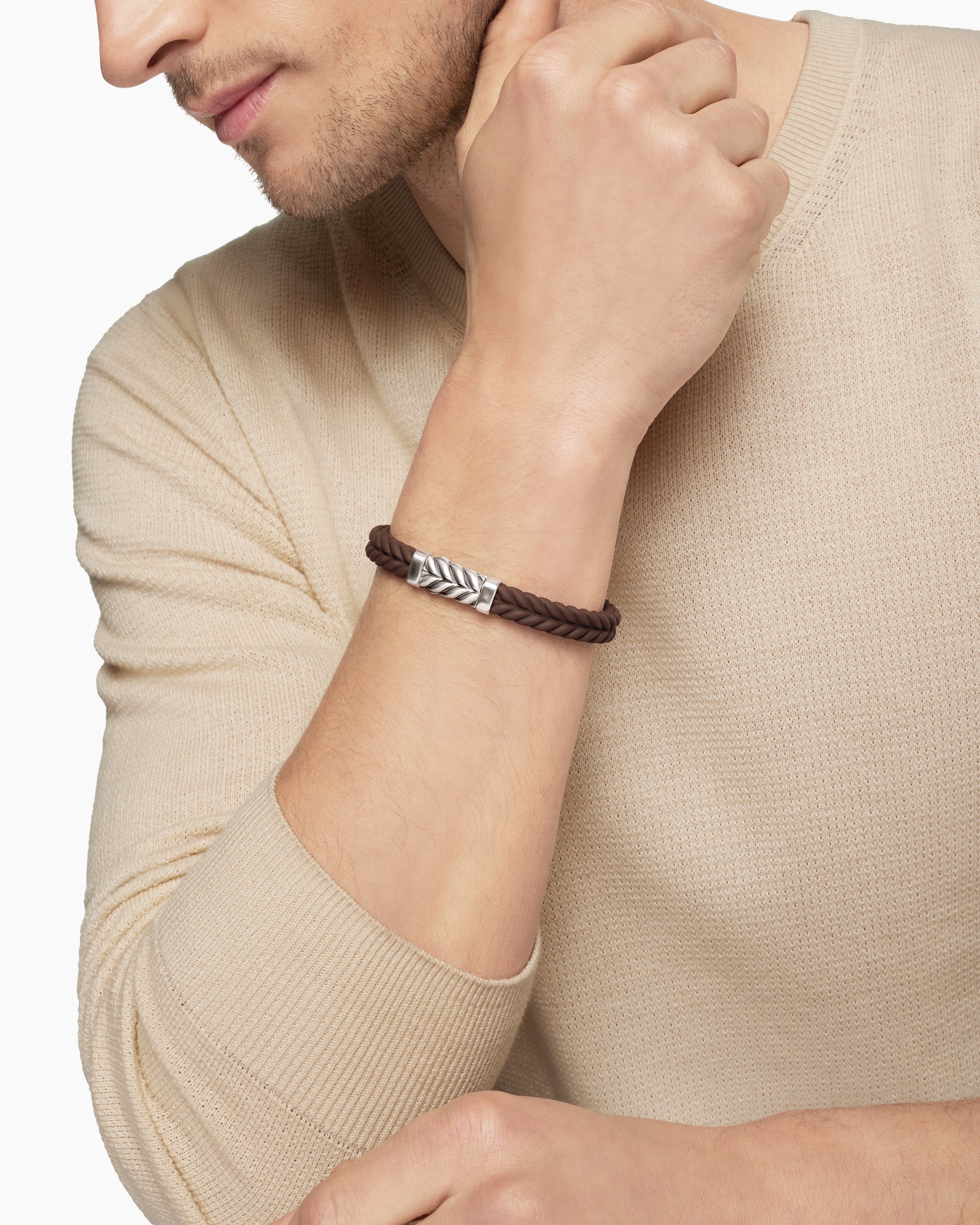 Chevron Bracelet in Brown Rubber with Sterling Silver, 9mm - Image 7