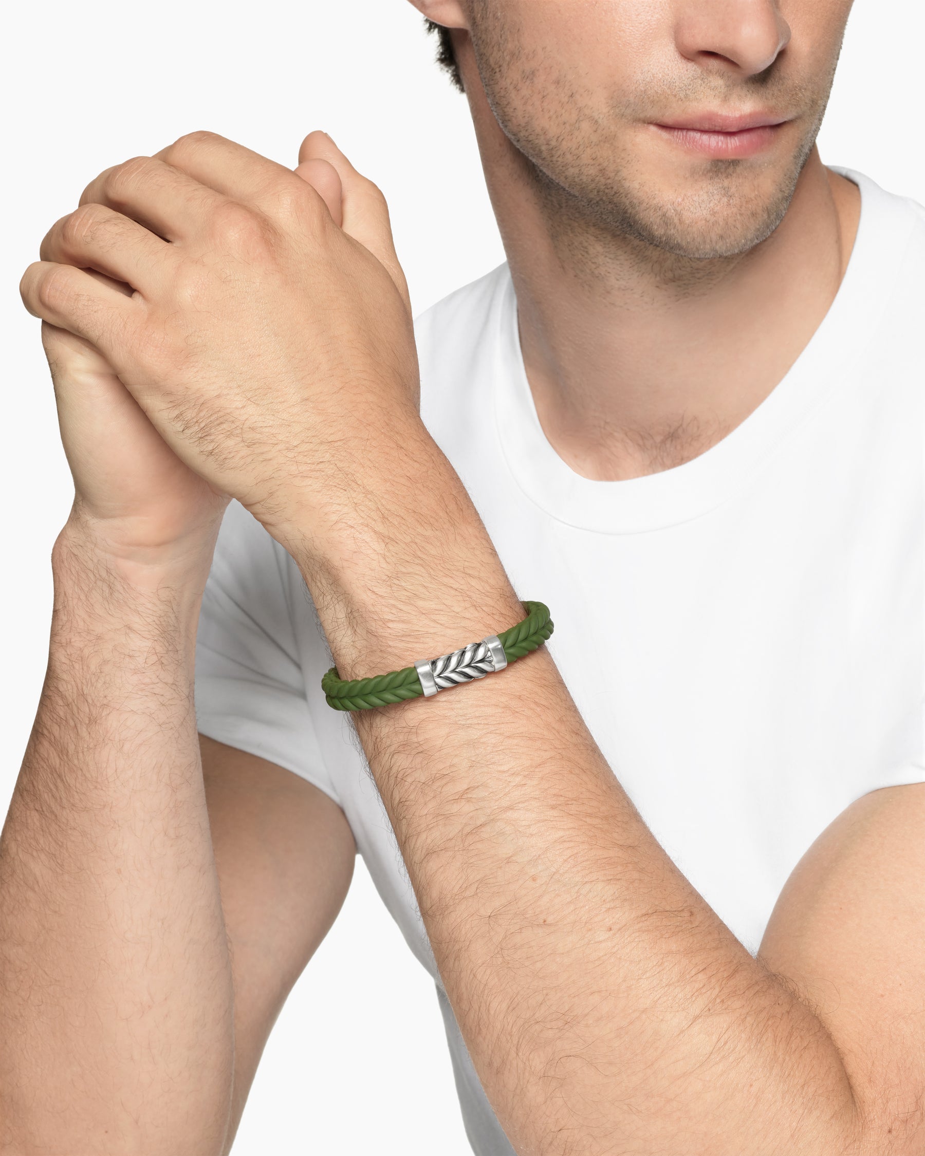 Alternative view of Chevron Bracelet in Green Rubber with Sterling Silver, 9mm