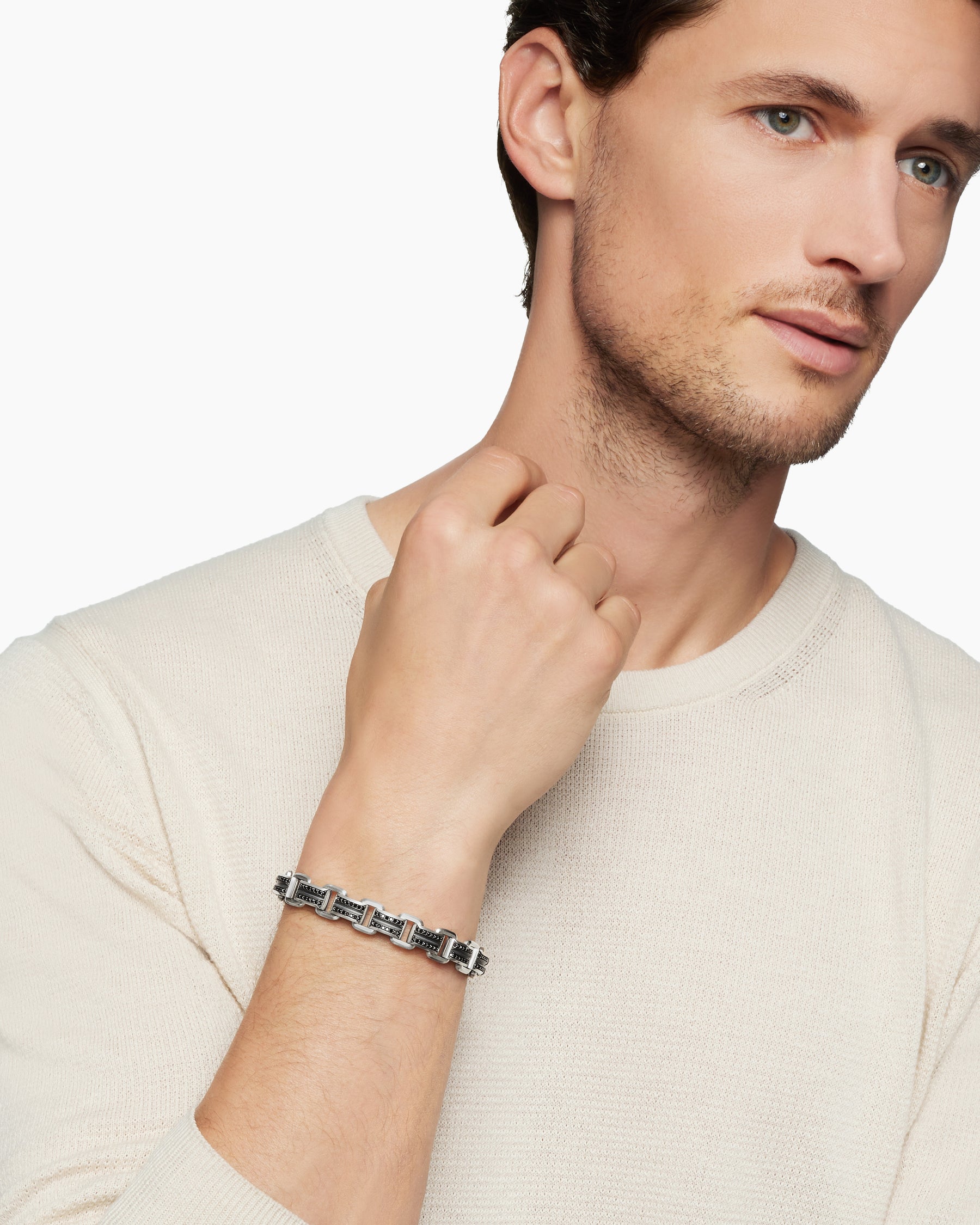Alternative view of Streamline Link Bracelet in Sterling Silver with Black Diamonds, 7.5mm