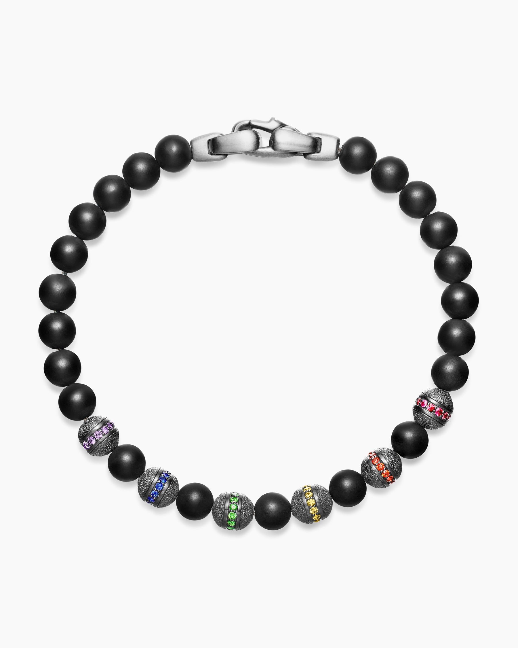 Spiritual Beads Rainbow Bracelet in Sterling Silver with Black Onyx, Sapphires and Tsavorites, 6mm - Image 3