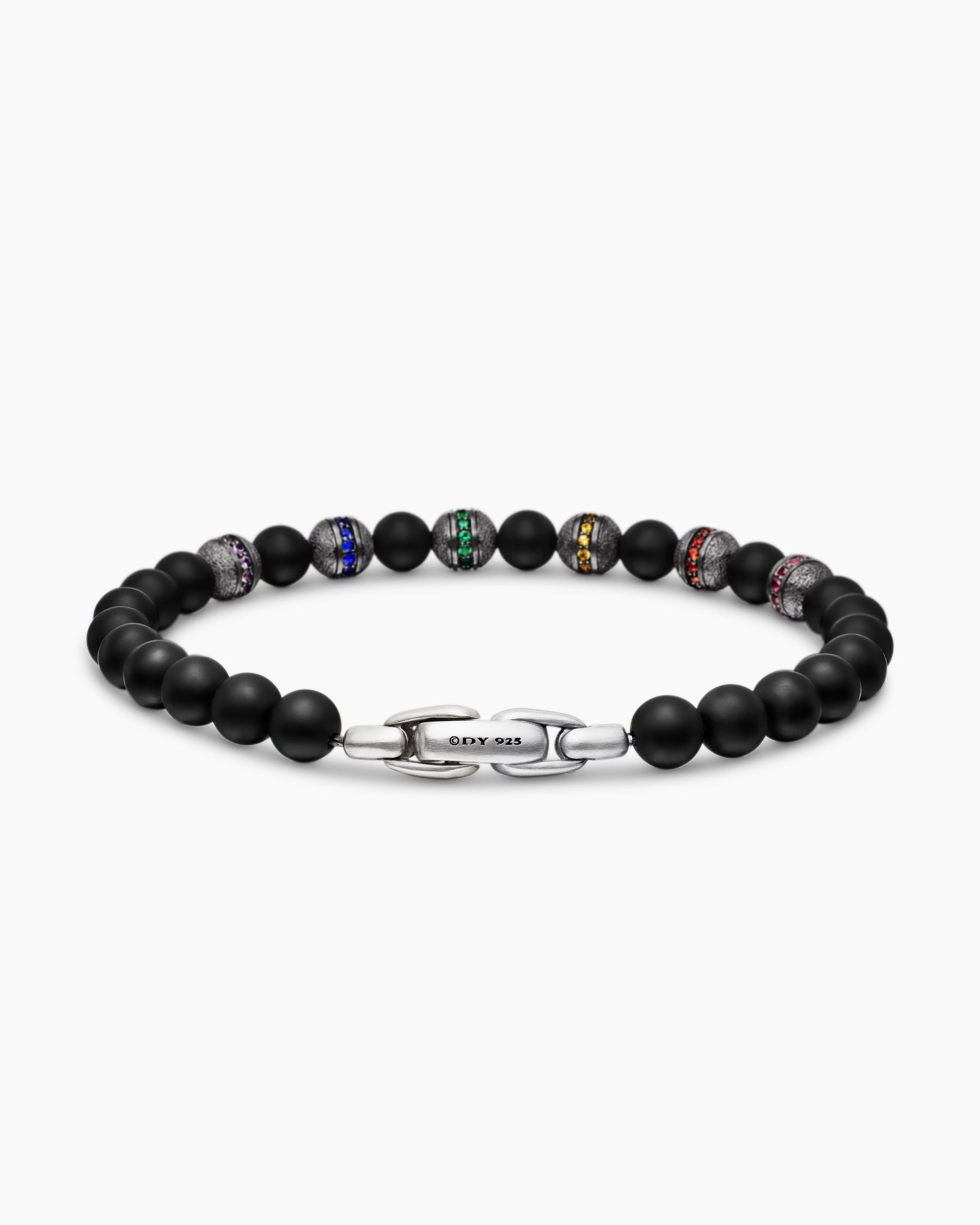 Spiritual Beads Rainbow Bracelet in Sterling Silver with Black Onyx, Sapphires and Tsavorites, 6mm - Image 5