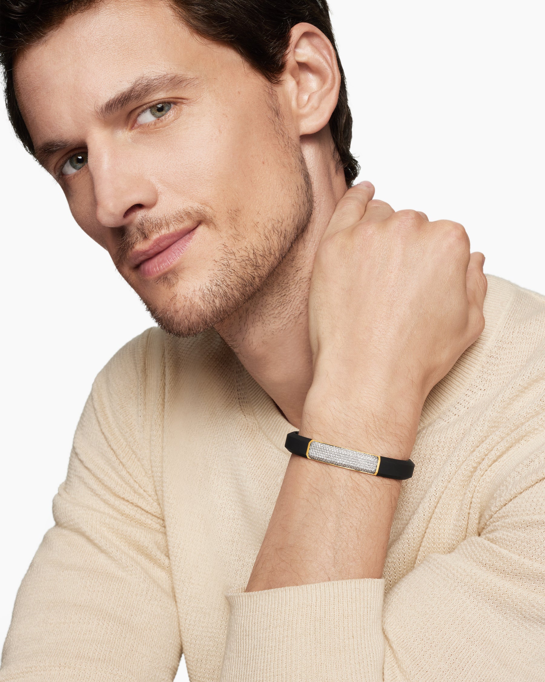 Streamline ID Bracelet in Black Rubber with Diamonds and 18K Yellow Gold, 10mm - Image 7
