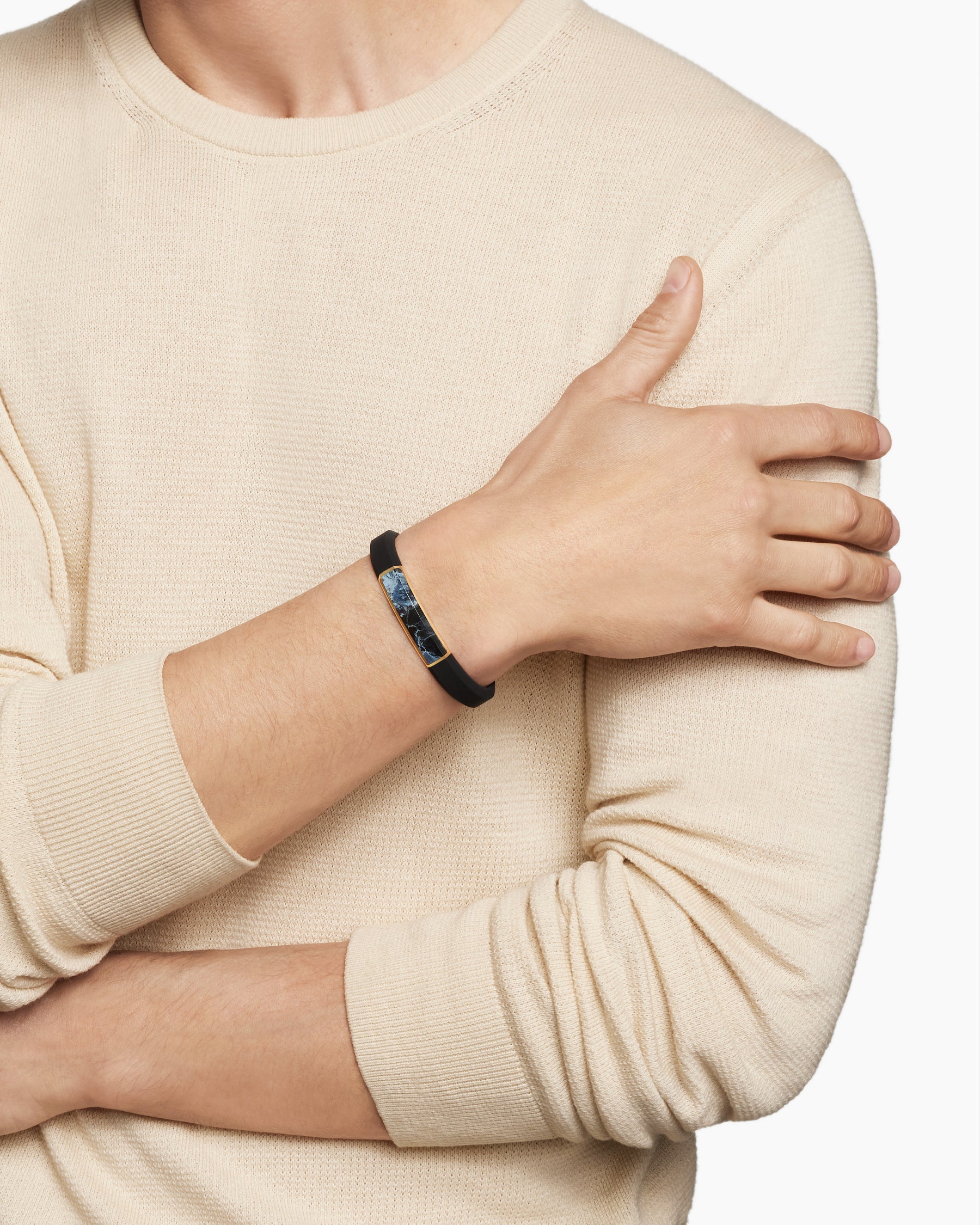 Alternative view of Streamline ID Bracelet in Black Rubber with Pietersite and 18K Yellow Gold, 10mm