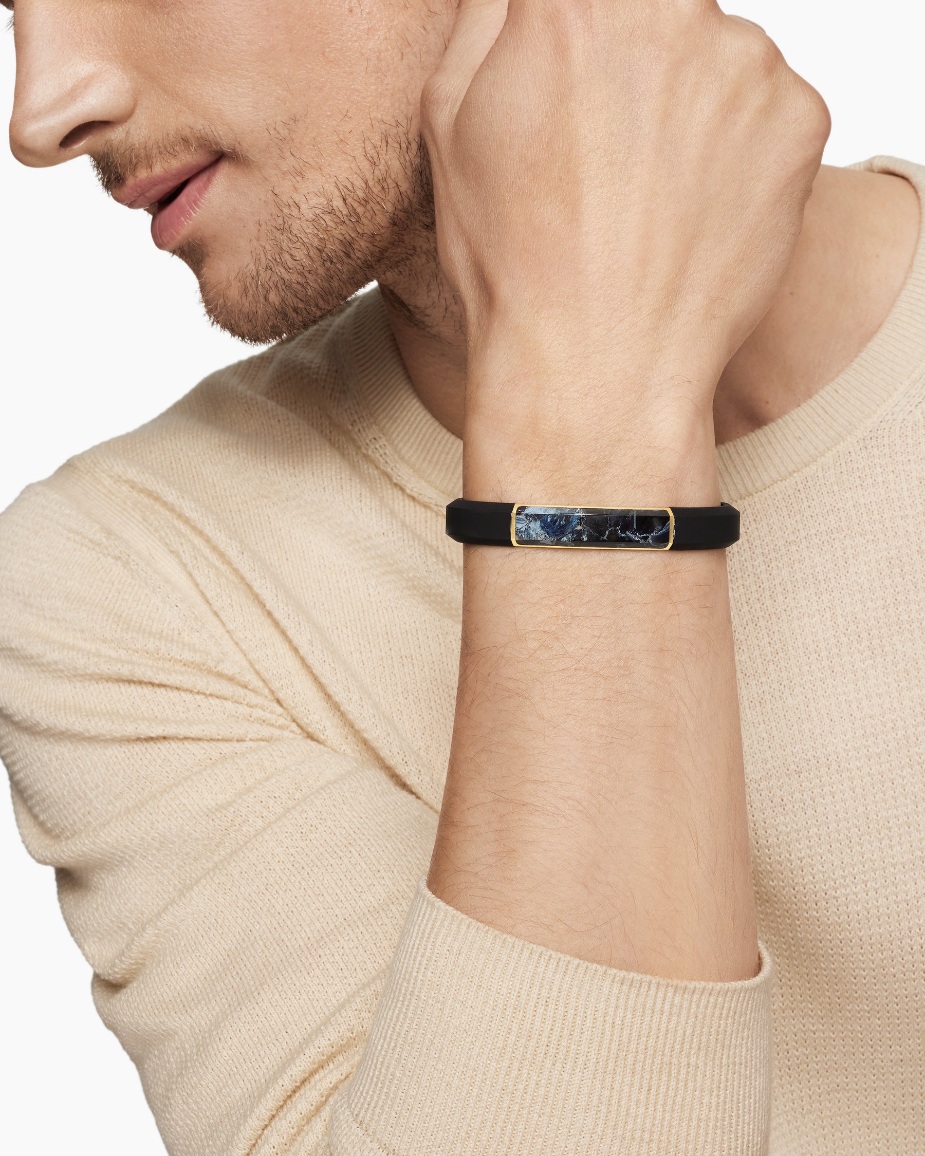 Streamline ID Bracelet in Black Rubber with Pietersite and 18K Yellow Gold, 10mm - Image 7