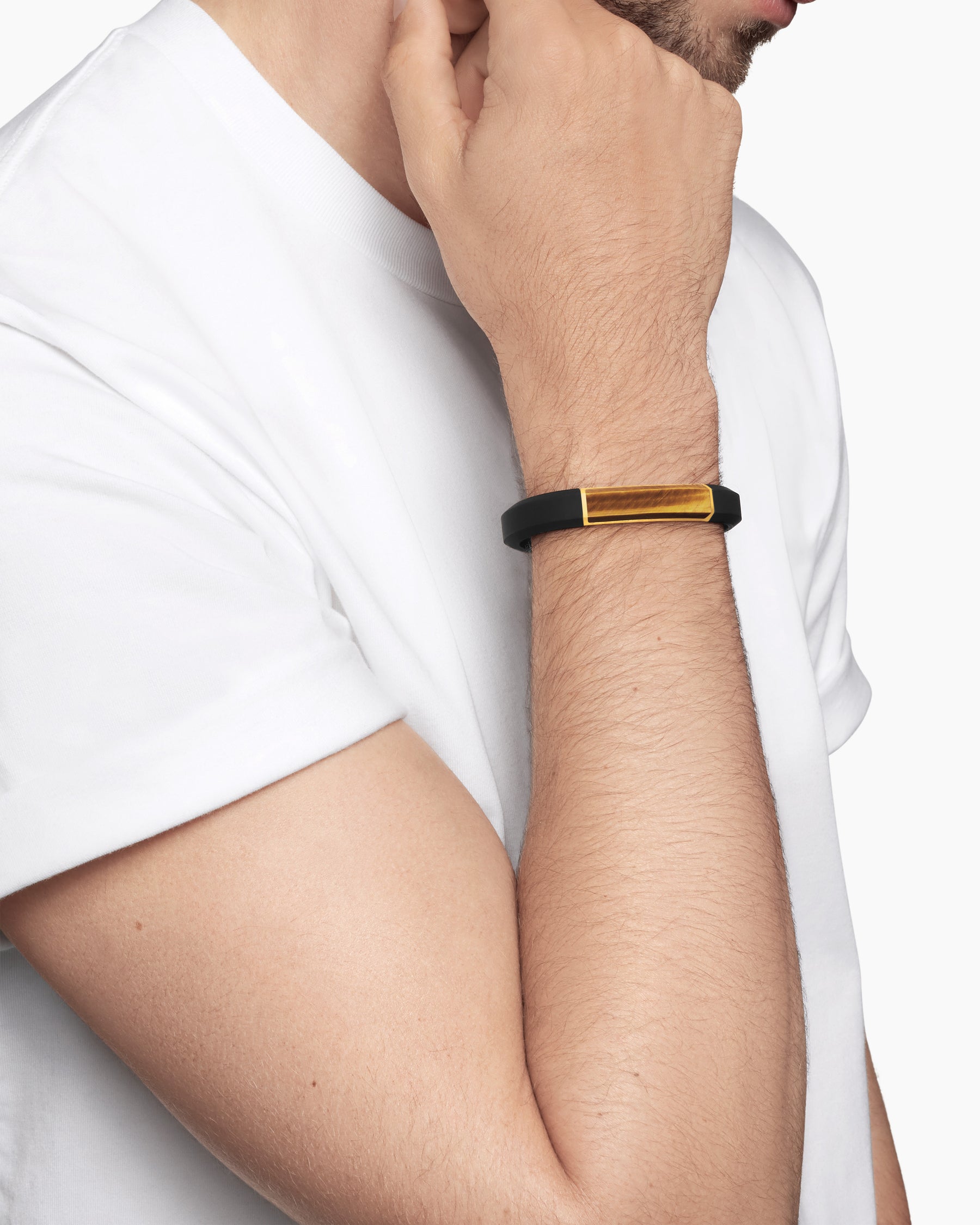 Alternative view of Streamline ID Bracelet in Black Rubber with Tiger's Eye and 18K Yellow Gold, 10mm