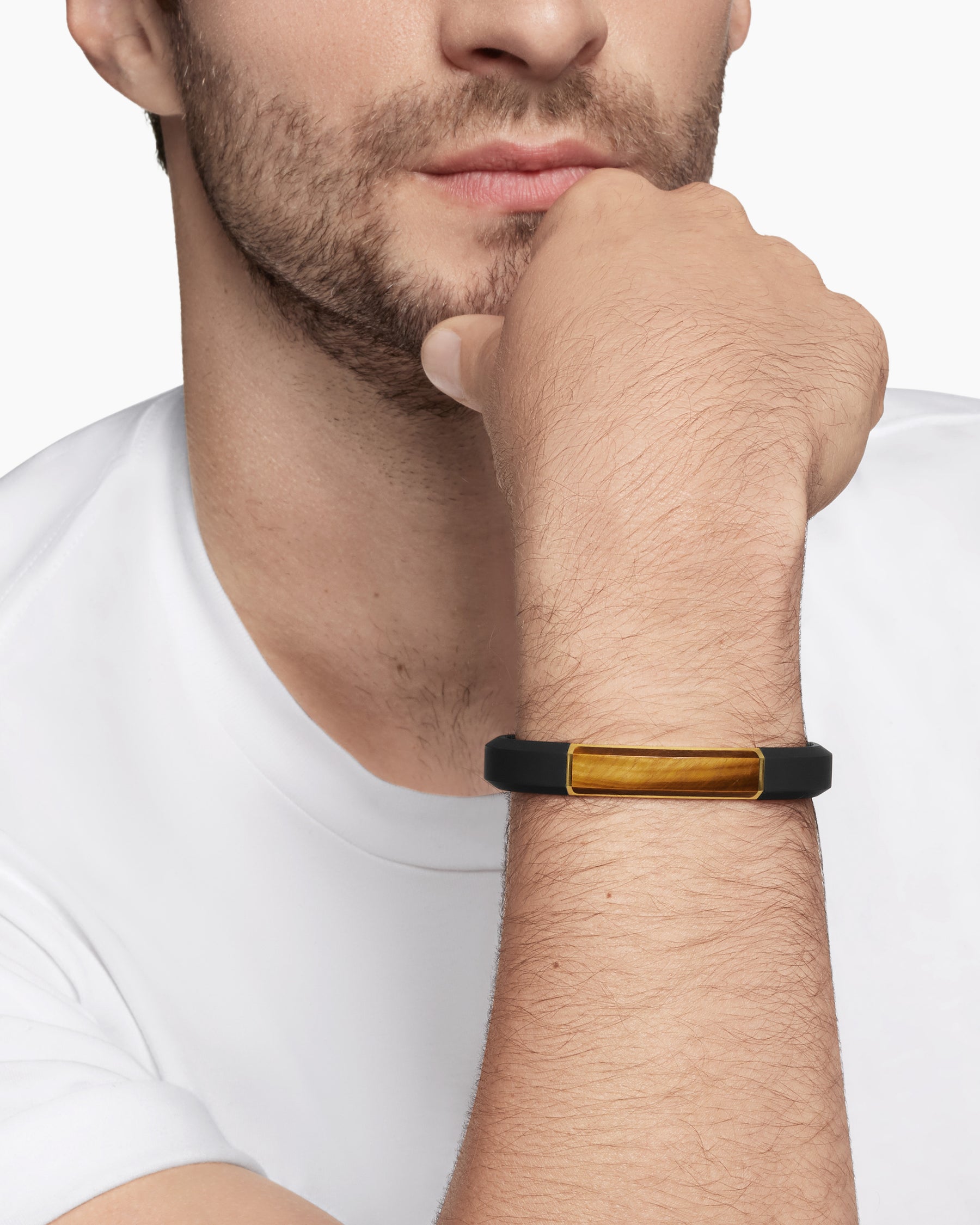 Streamline ID Bracelet in Black Rubber with Tiger's Eye and 18K Yellow Gold, 10mm - Image 7