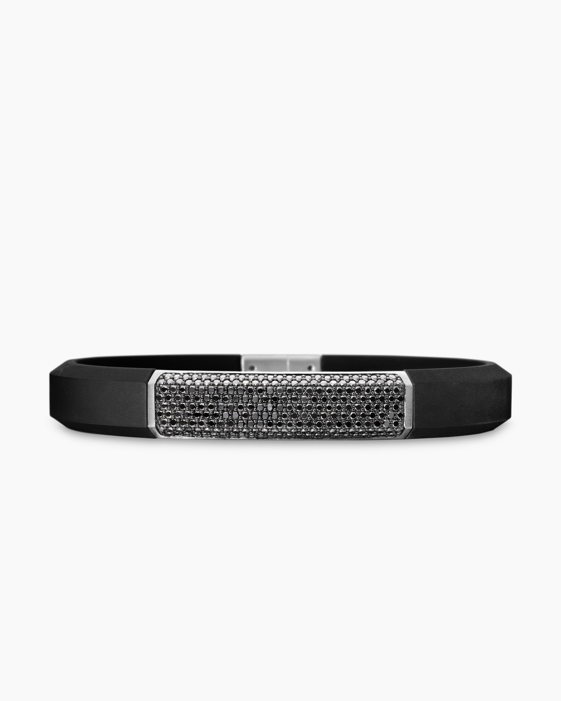 Streamline ID Bracelet in Black Rubber with Black Diamonds and Sterling Silver, 10mm