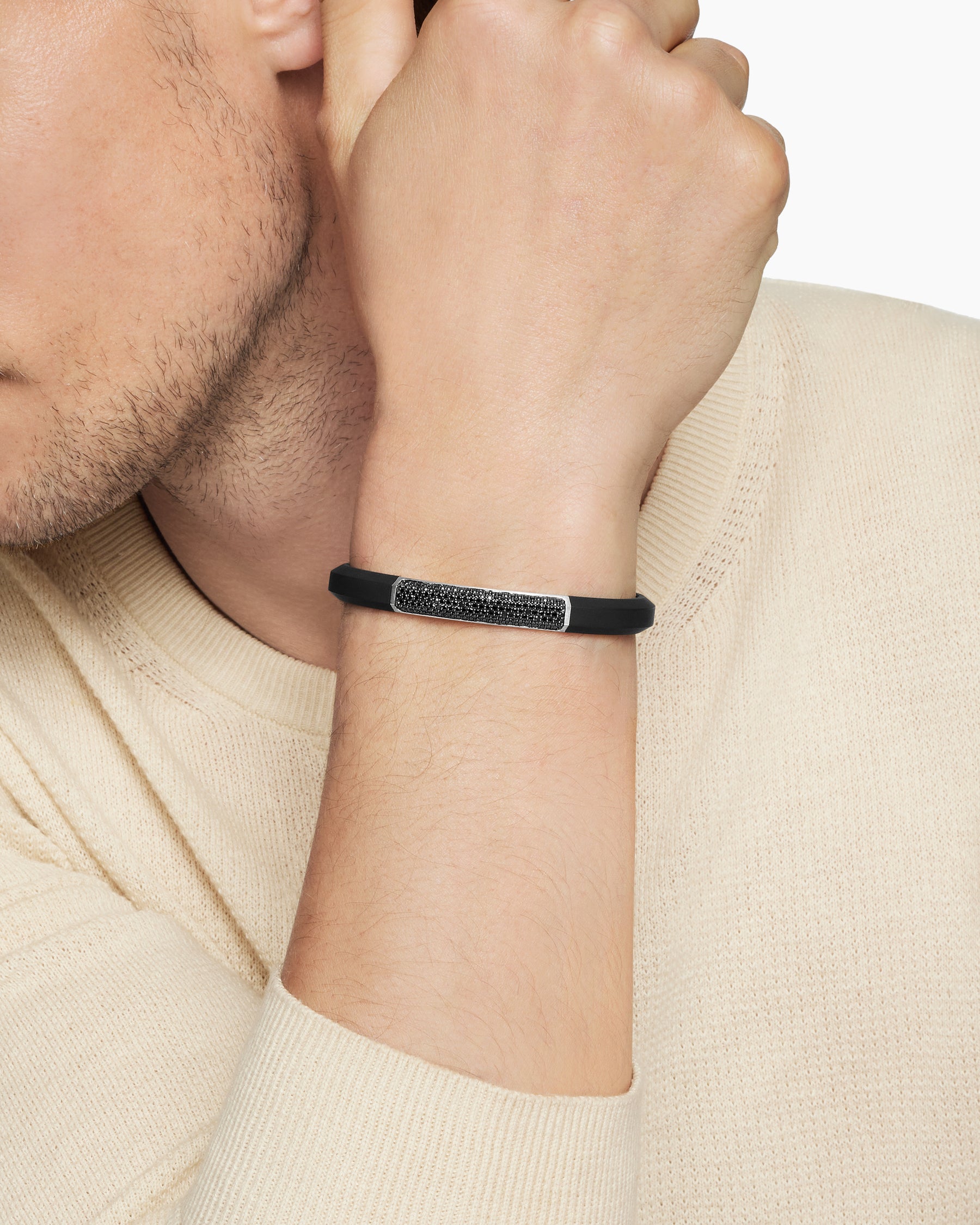 Alternative view of Streamline ID Bracelet in Black Rubber with Black Diamonds and Sterling Silver, 8mm