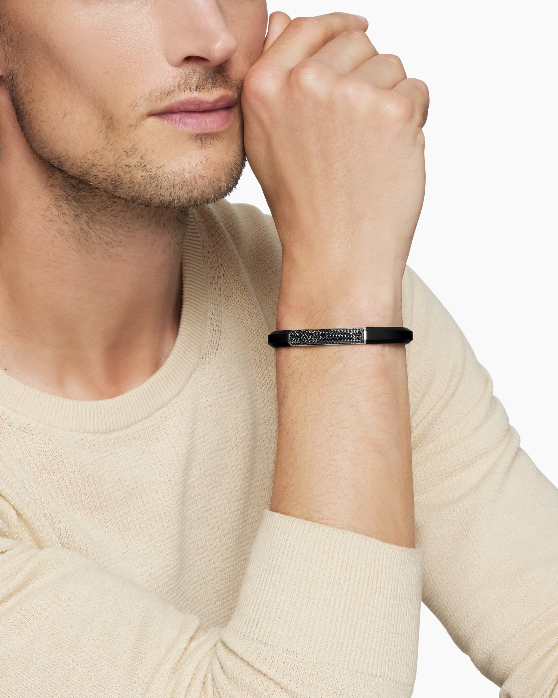 Streamline ID Bracelet in Black Rubber with Black Diamonds and Sterling Silver, 8mm - Image 7