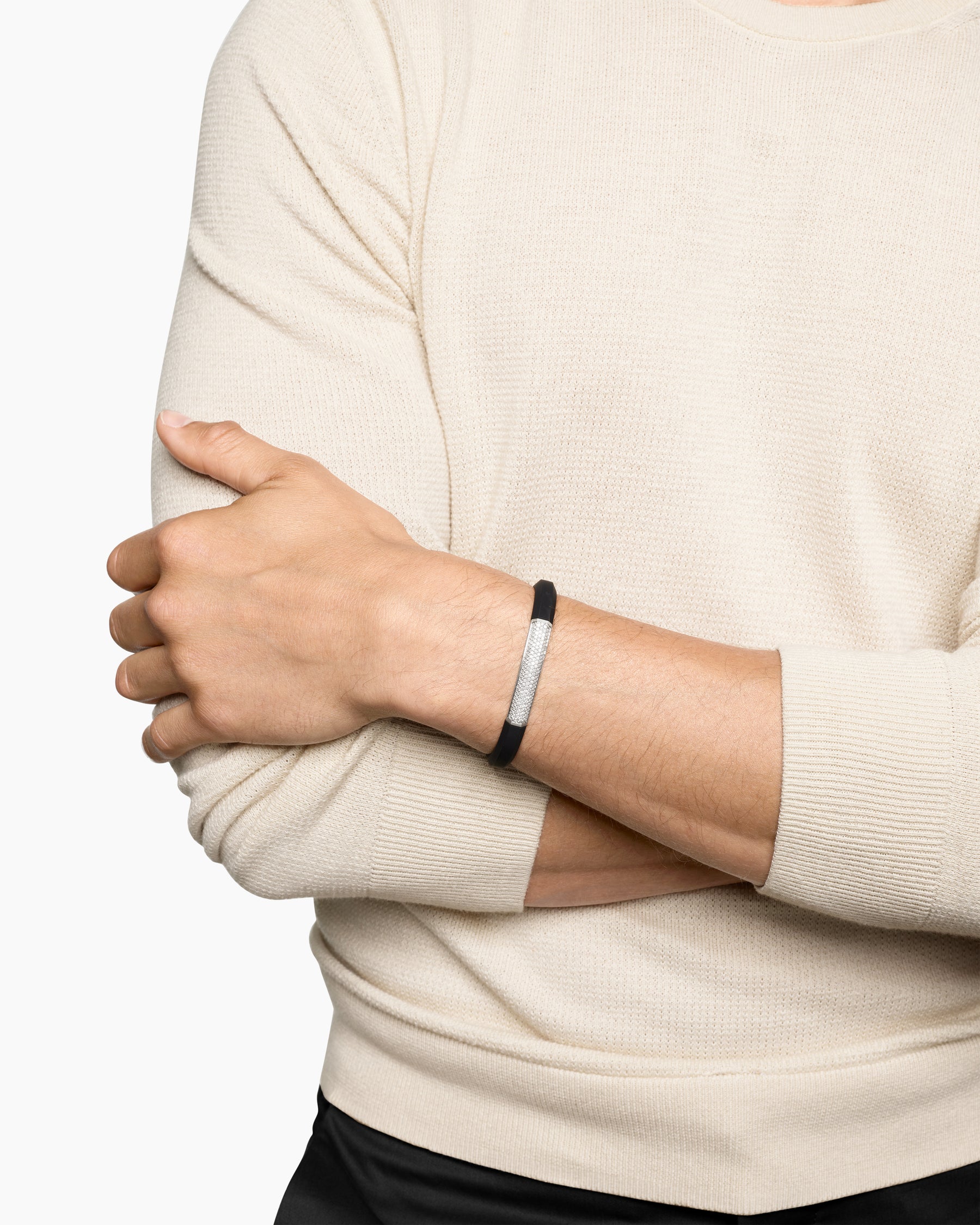 Alternative view of Streamline ID Bracelet in Black Rubber with Sterling Silver and Diamonds, 8mm