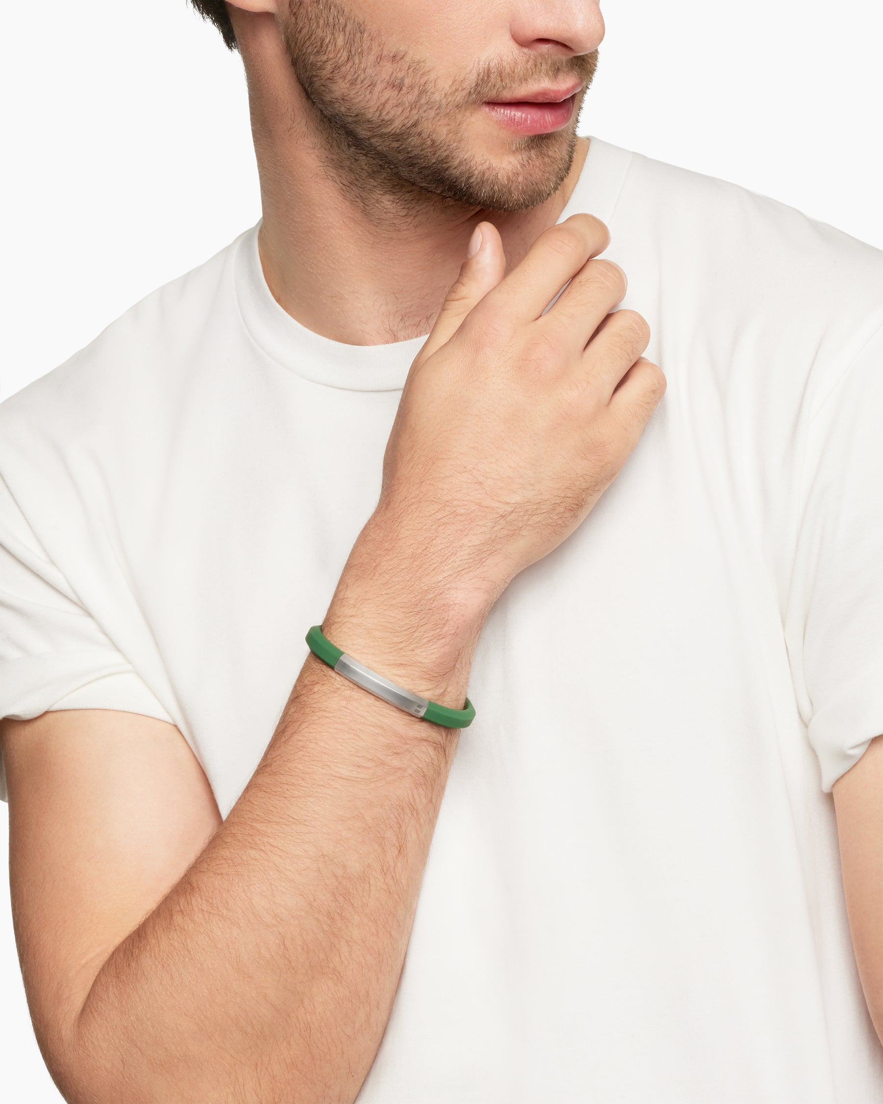 Alternative view of Streamline ID Bracelet in Green Rubber with Sterling Silver, 8mm
