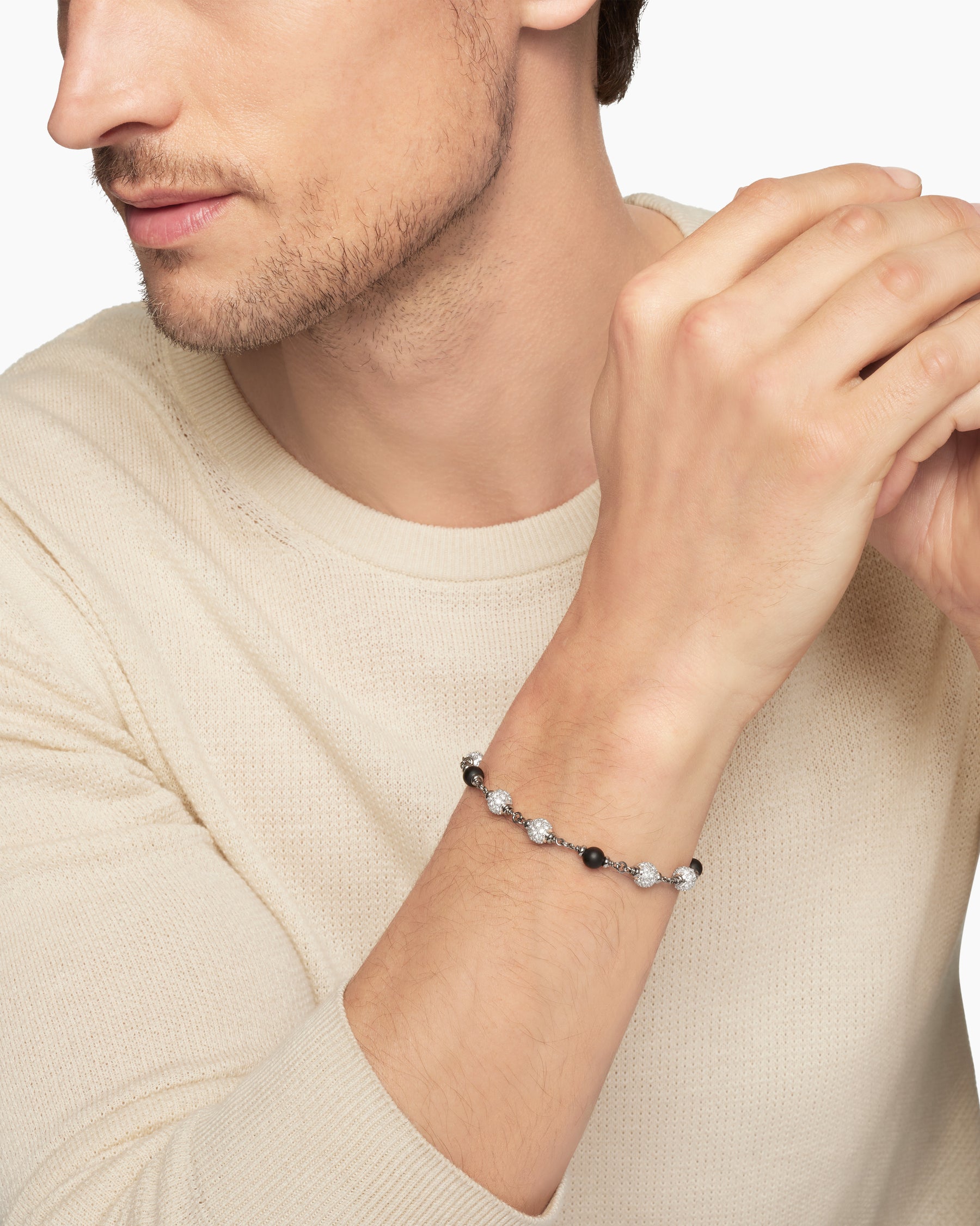Spiritual Beads Bracelet in Sterling Silver with Black Onyx and Diamonds, 6mm - Image 8