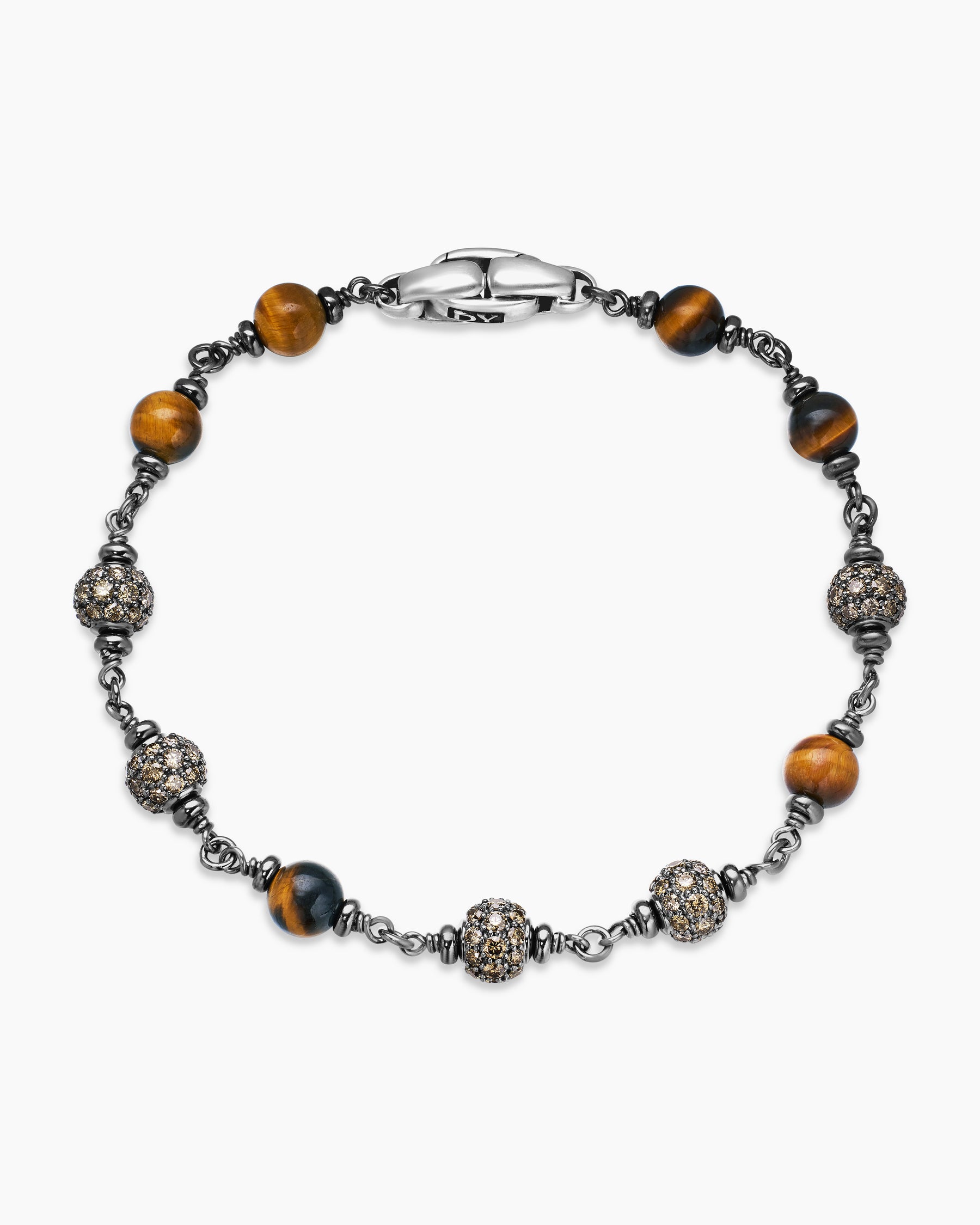 Spiritual Beads Bracelet in Sterling Silver with Tiger's Eye and Cognac Diamonds, 6mm - Image 3