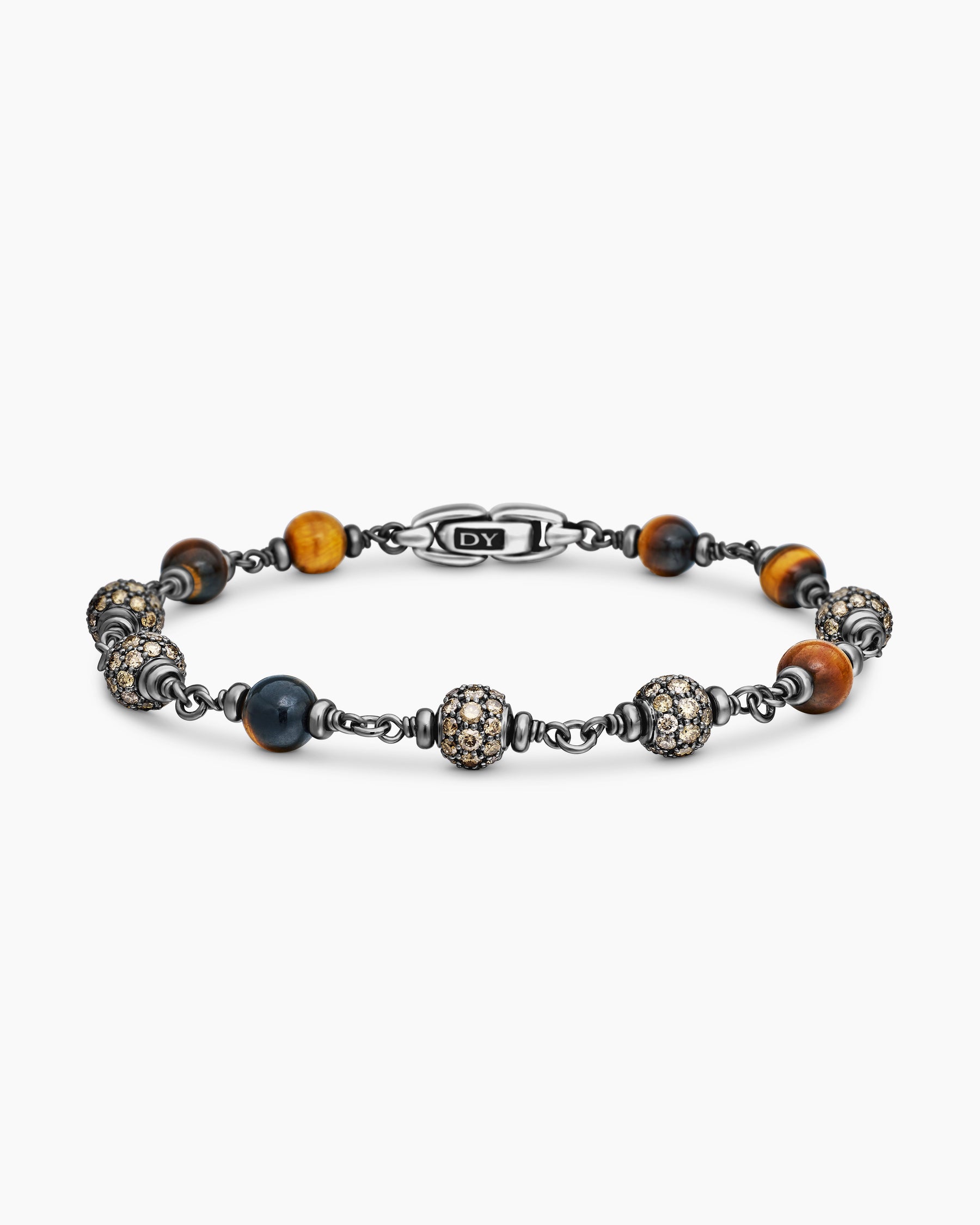 Spiritual Beads Bracelet in Sterling Silver with Tiger's Eye and Cognac Diamonds, 6mm