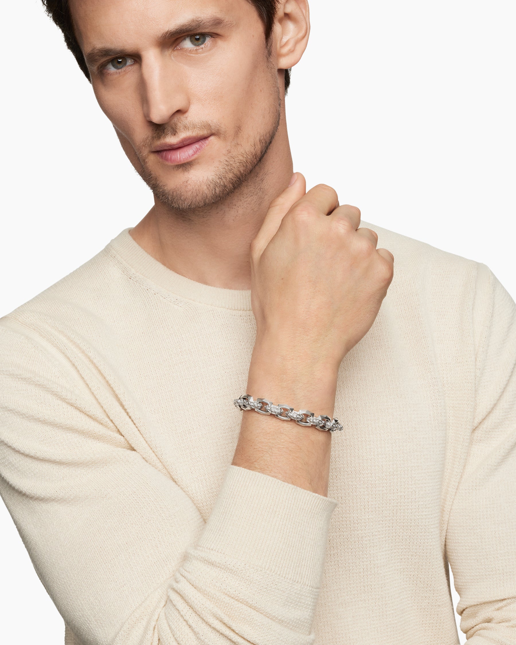 Alternative view of Torqued Faceted Link Bracelet in Sterling Silver with Diamonds, 11.6mm