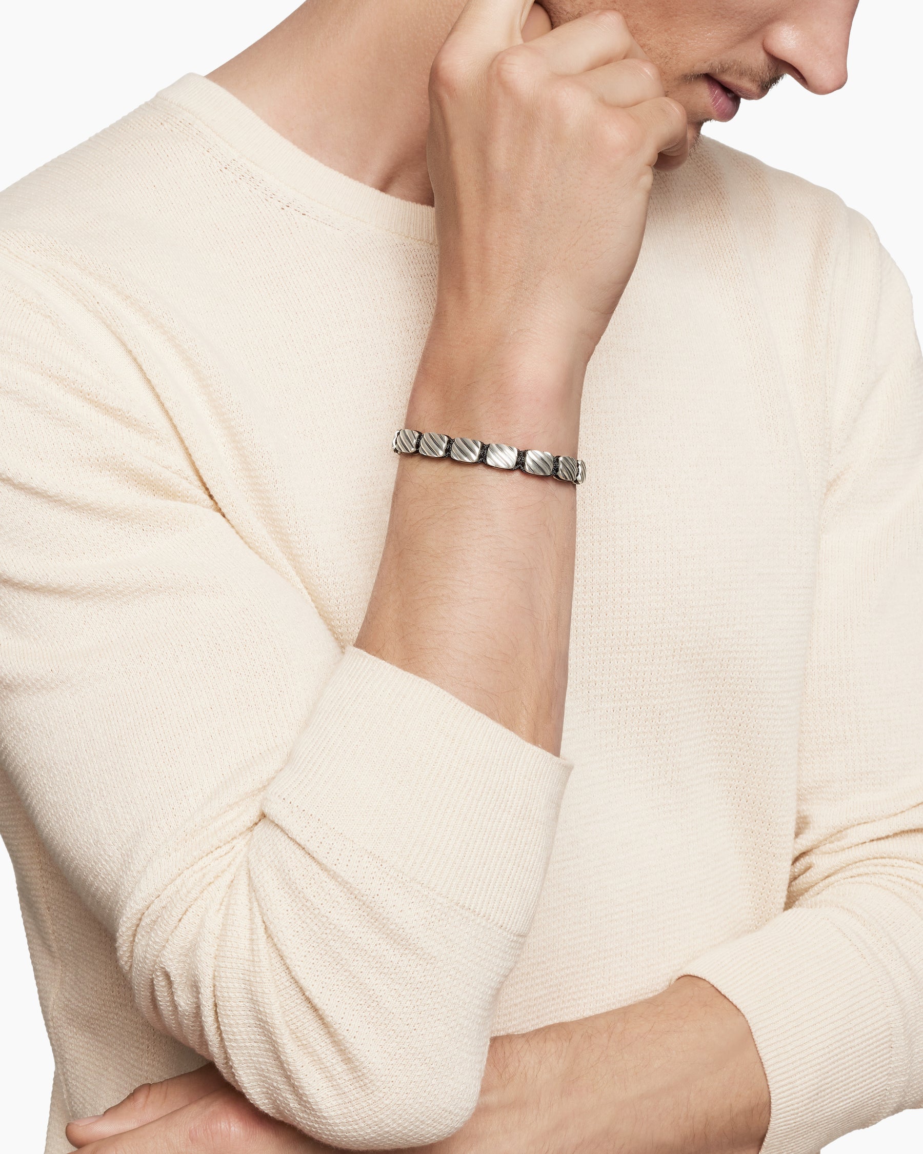 Alternative view of Sculpted Cable Woven Tile Bracelet with Sterling Silver and Black Nylon, 8.5mm