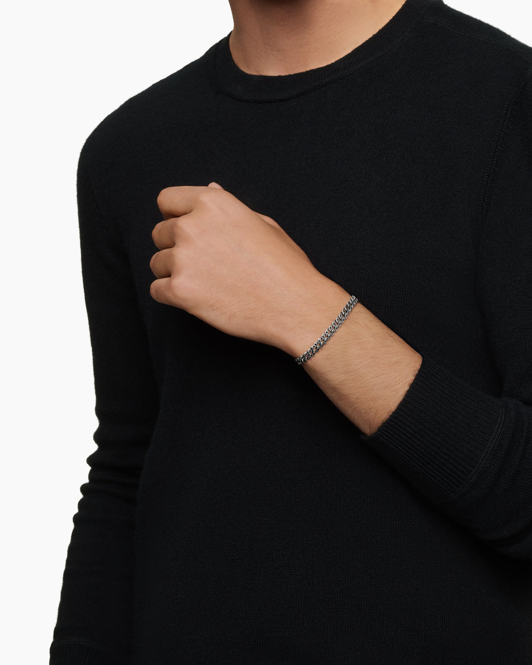 Alternative view of Curb Chain Bracelet in Sterling Silver with Black Diamonds, 6mm