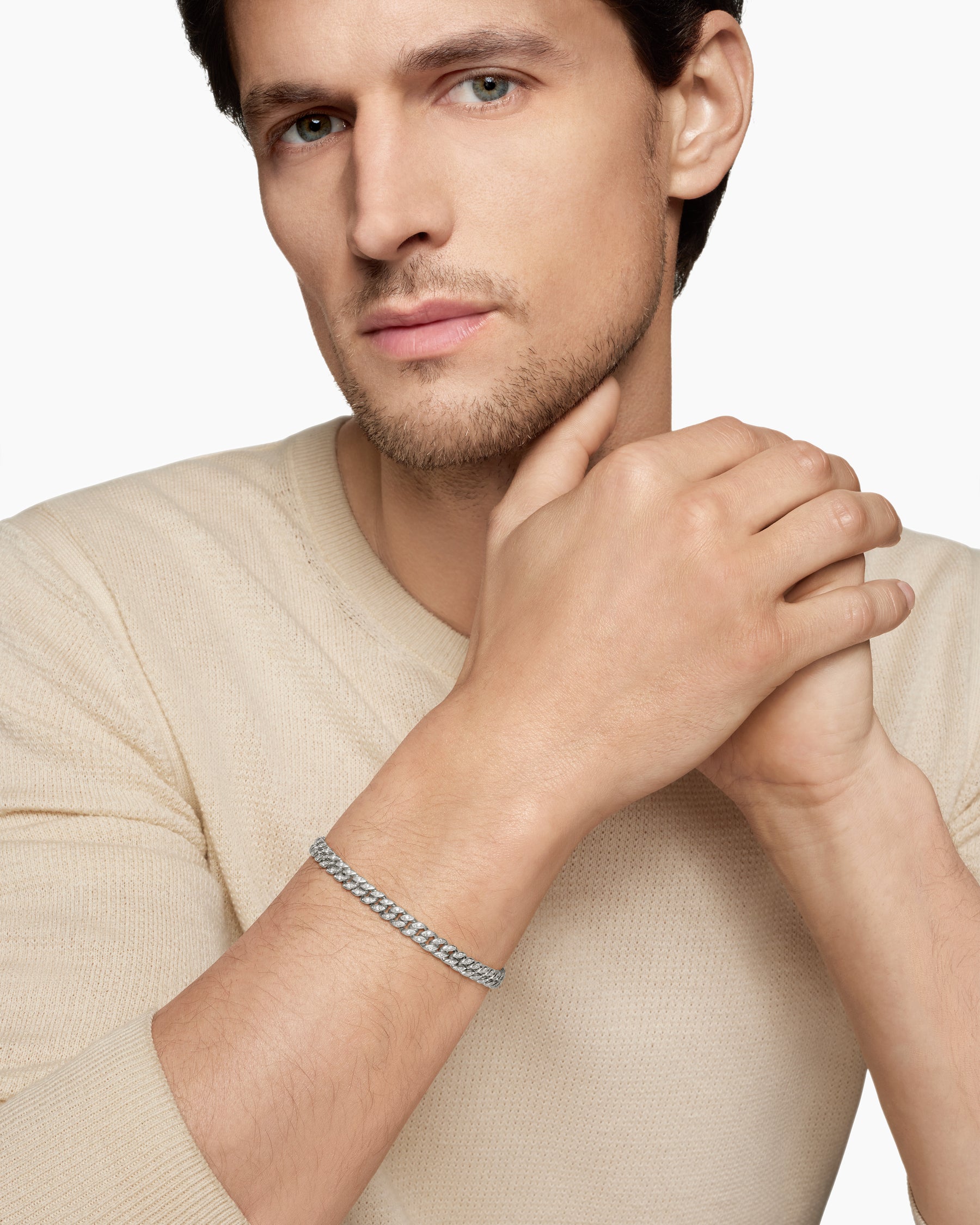 Curb Chain Bracelet in Sterling Silver with Diamonds, 6mm - Image 8