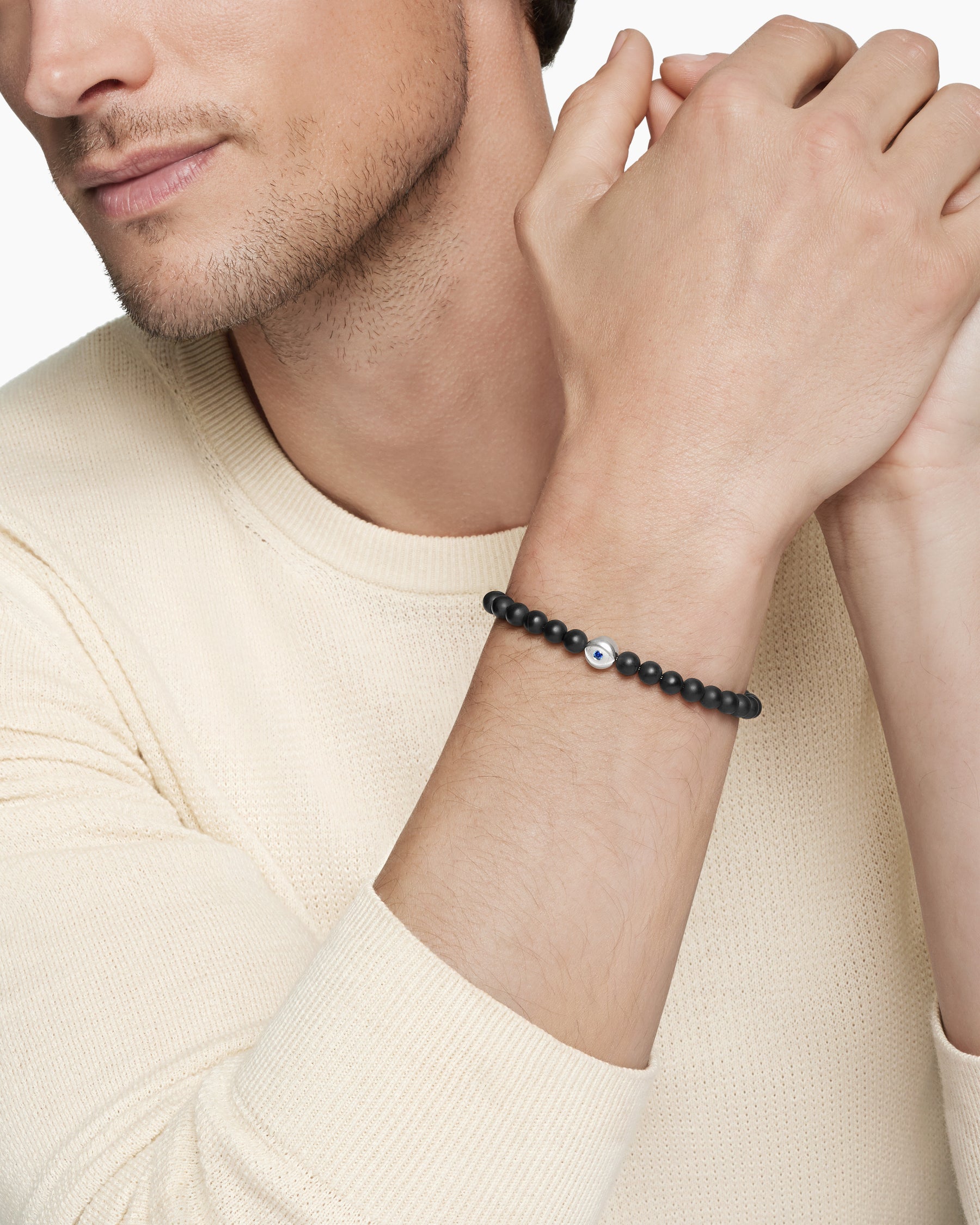 Alternative view of Spiritual Beads Evil Eye Bracelet in Sterling Silver with Black Onyx and Sapphire, 6mm