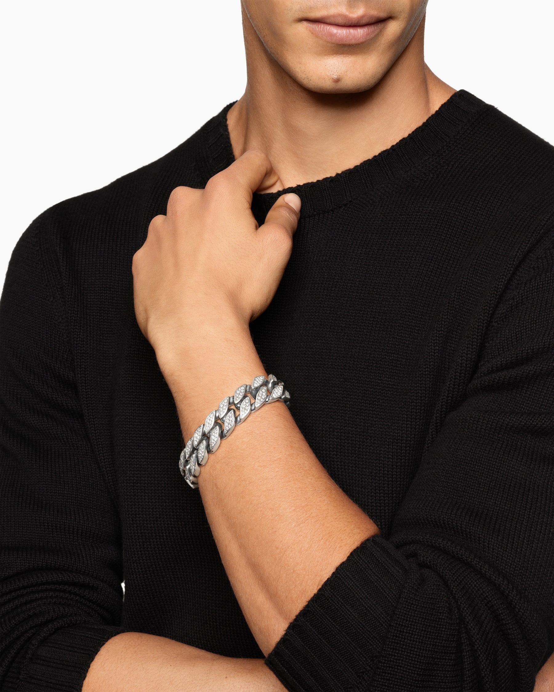 Alternative view of Curb Chain Bracelet in Sterling Silver with Diamonds, 18mm