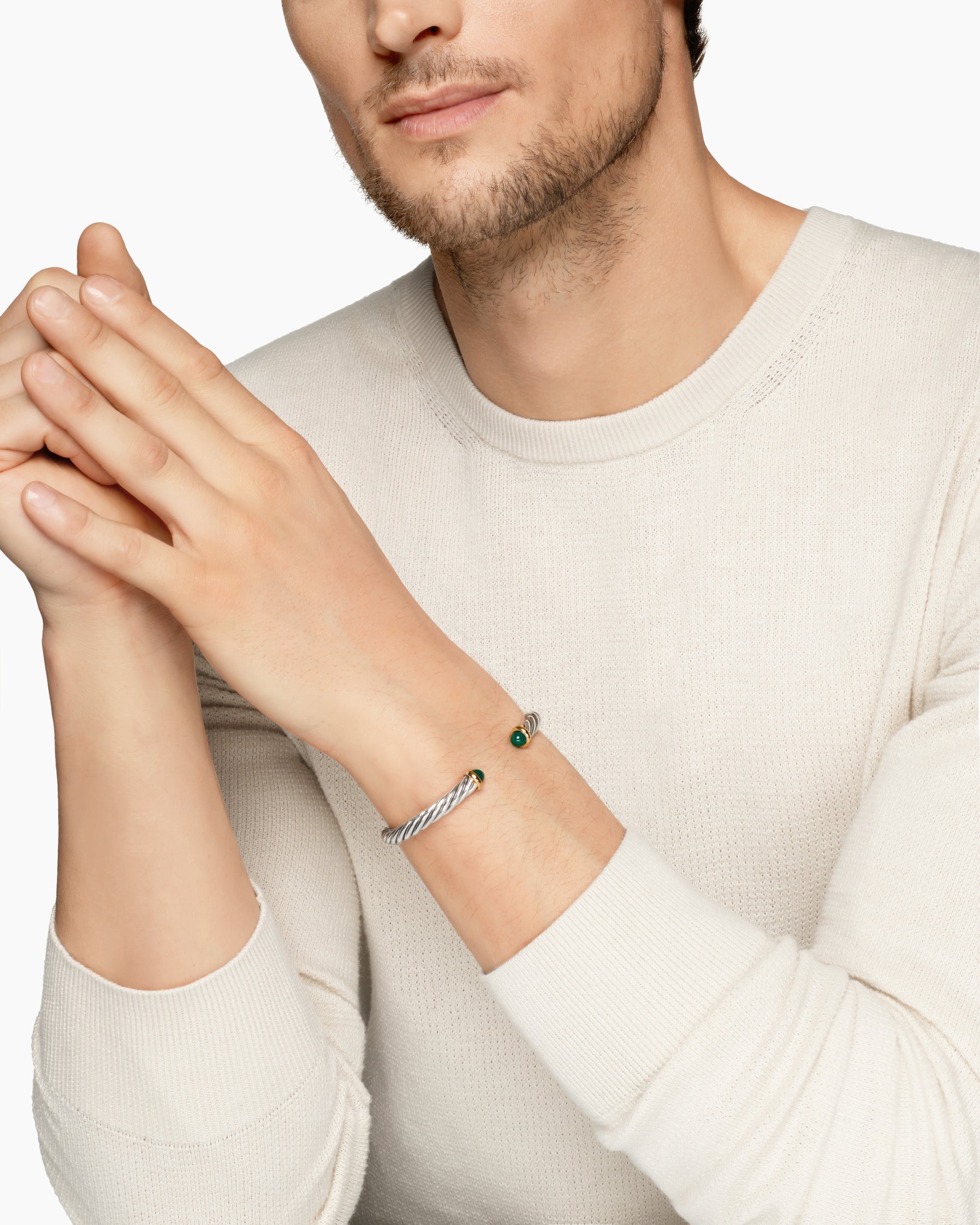 Alternative view of Cable Cuff Bracelet in Sterling Silver with 14K Yellow Gold and Green Onyx, 6mm