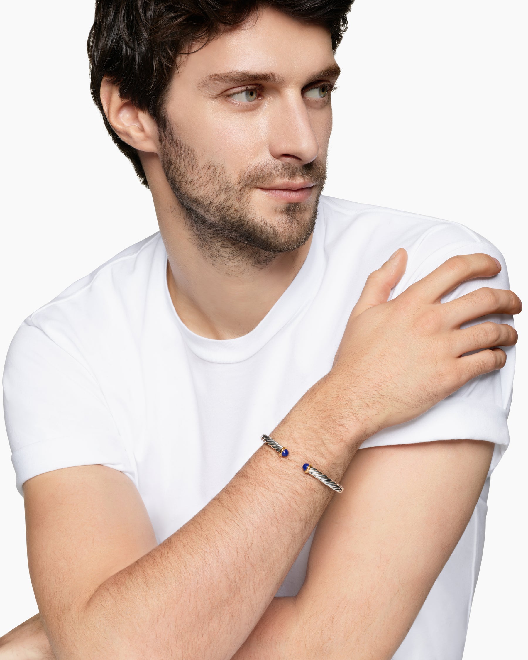 Alternative view of Cable Cuff Bracelet in Sterling Silver with 14K Yellow Gold and Lapis, 6mm