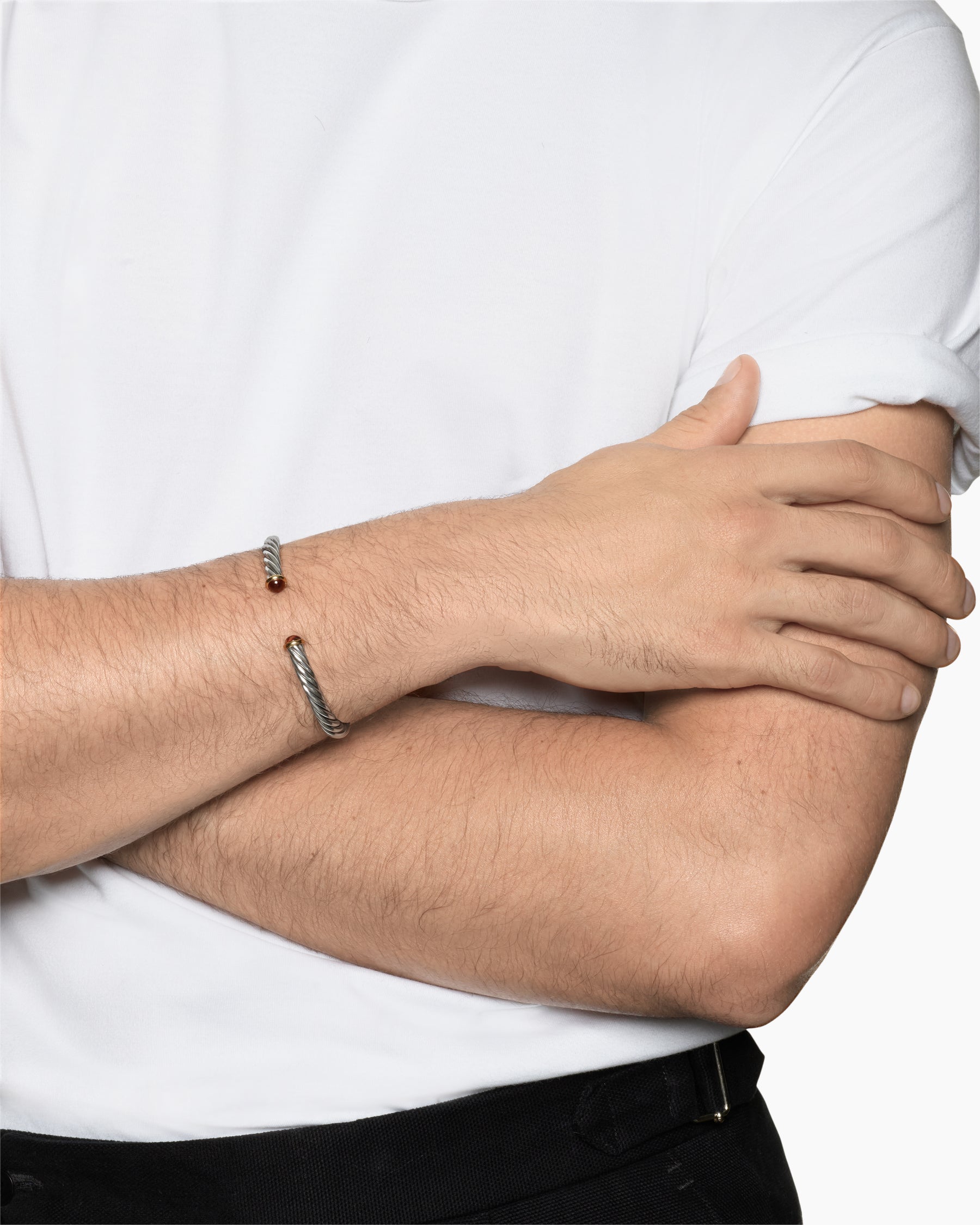 Alternative view of Cable Cuff Bracelet in Sterling Silver with 14K Yellow Gold and Red Tiger's Eye, 6mm