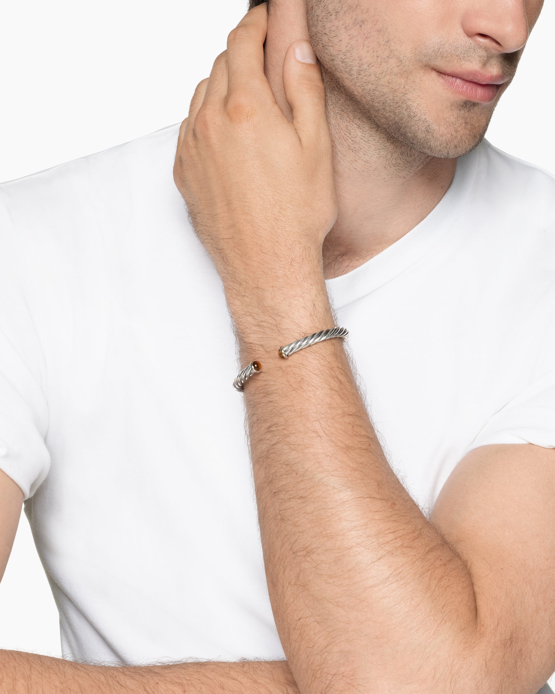 Alternative view of Cable Cuff Bracelet in Sterling Silver with 14K Yellow Gold and Tiger's Eye, 6mm