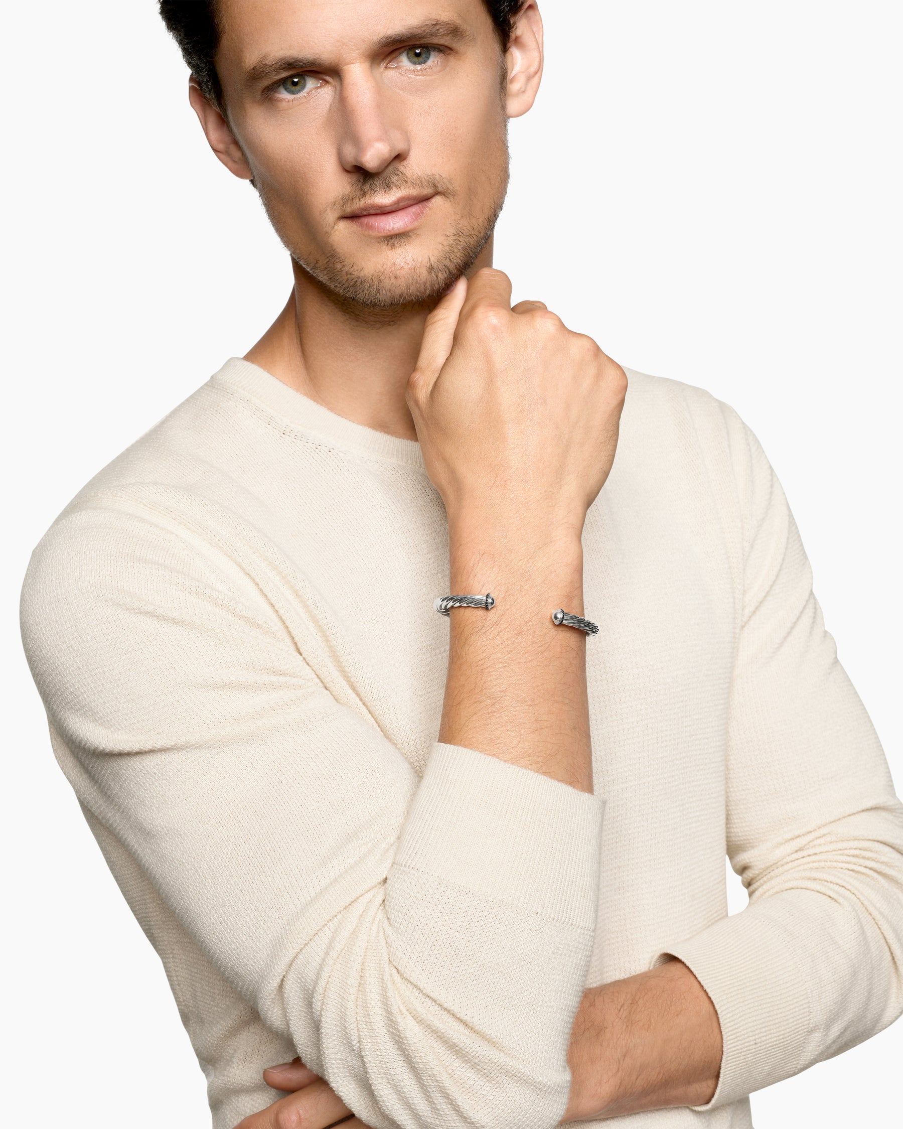 Alternative view of Cable Cuff Bracelet in Sterling Silver with Pavé Black Diamonds, 6mm