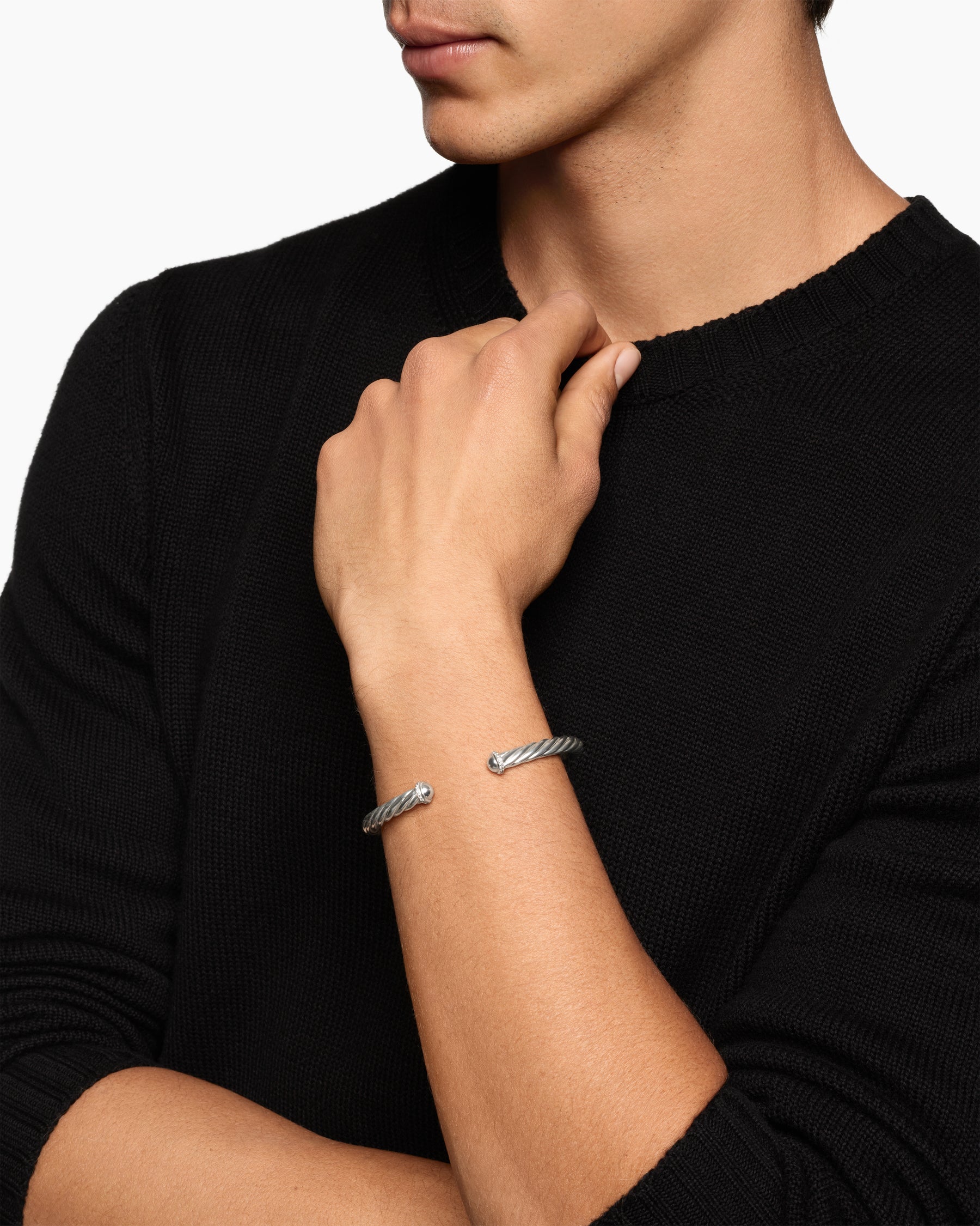 Alternative view of Cable Cuff Bracelet in Sterling Silver with Pavé Diamonds, 6mm