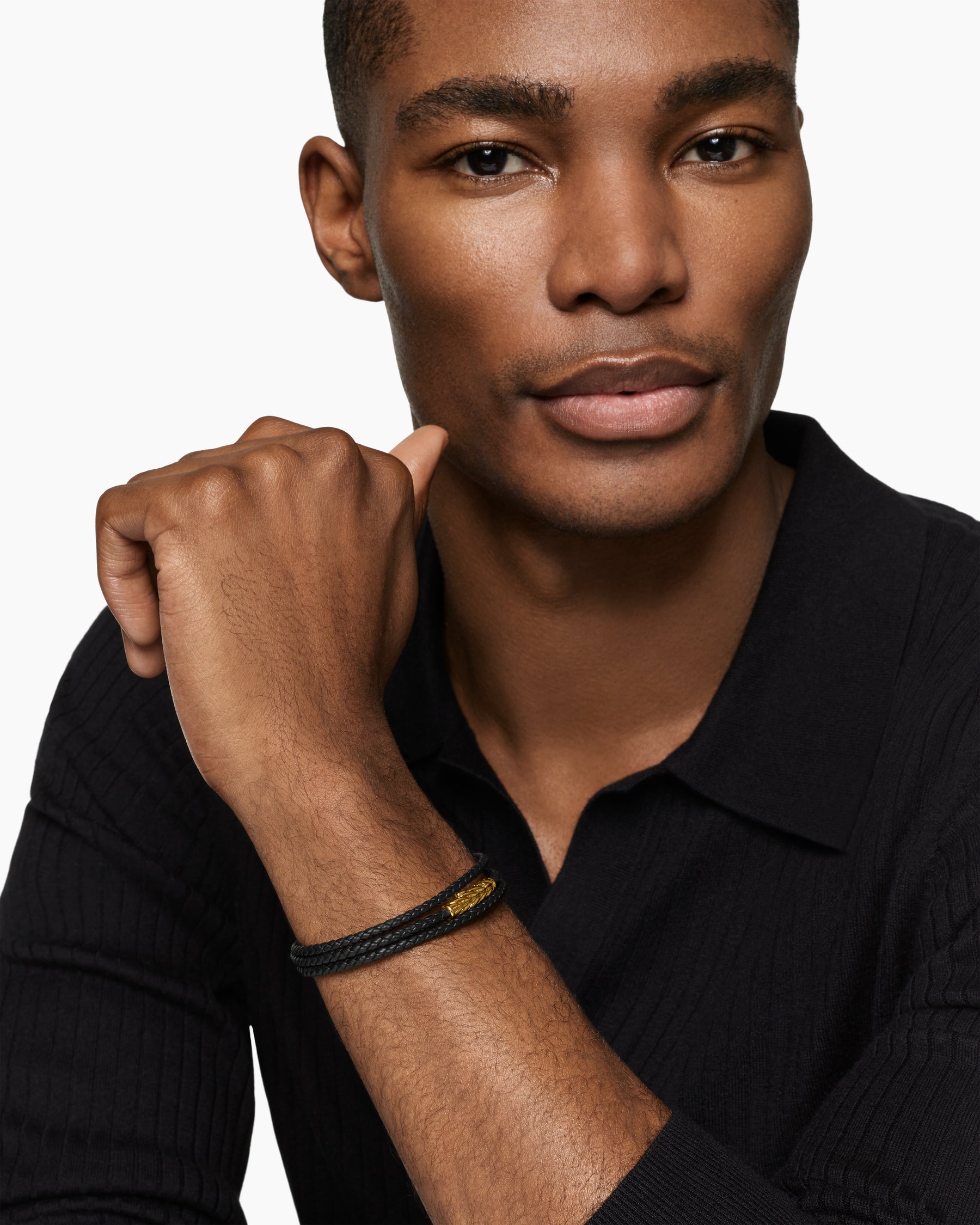 Alternative view of Chevron Triple Wrap Bracelet in Black Leather with 18K Yellow Gold, 3mm
