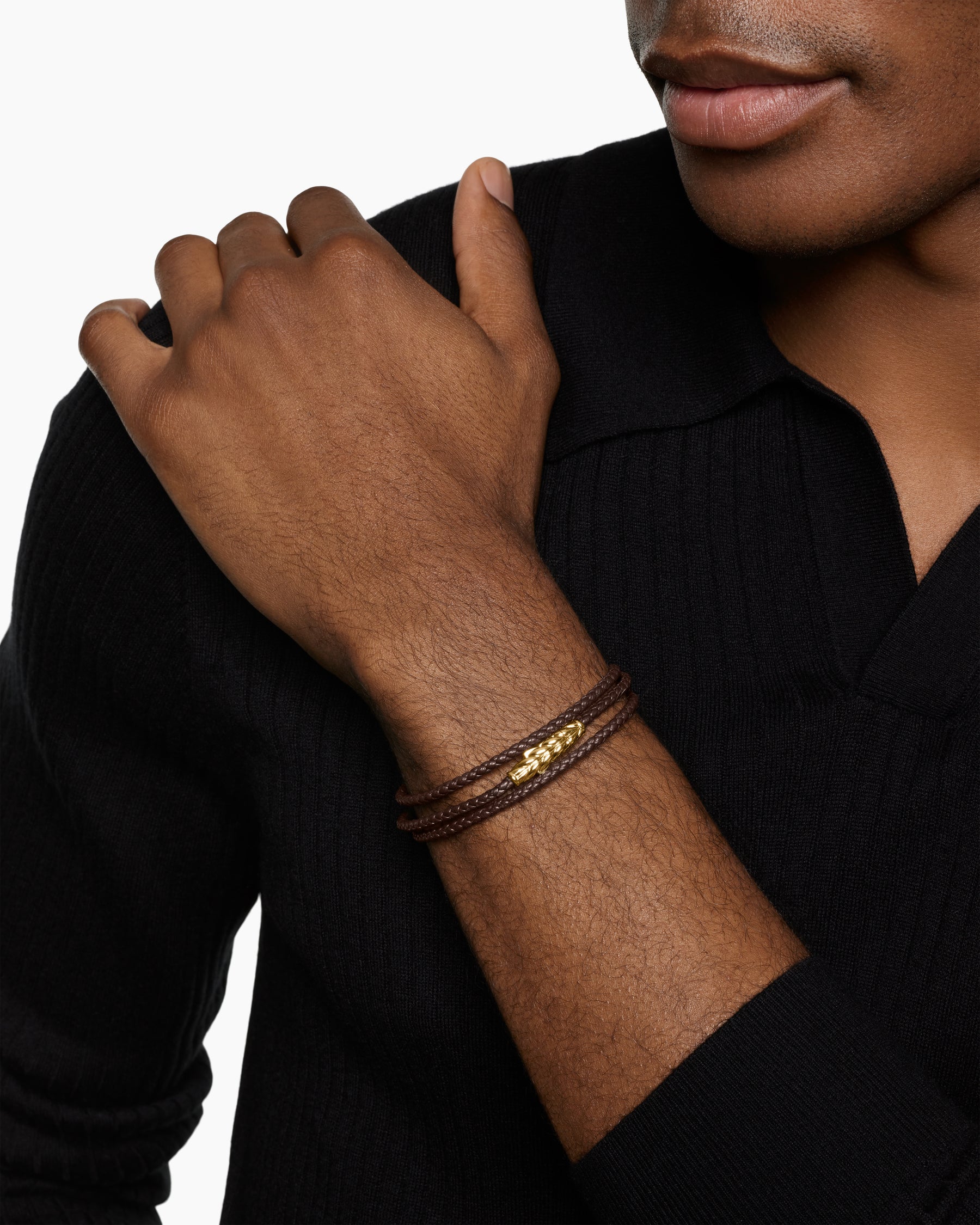 Alternative view of Chevron Triple Wrap Bracelet in Brown Leather with 18K Yellow Gold, 3mm