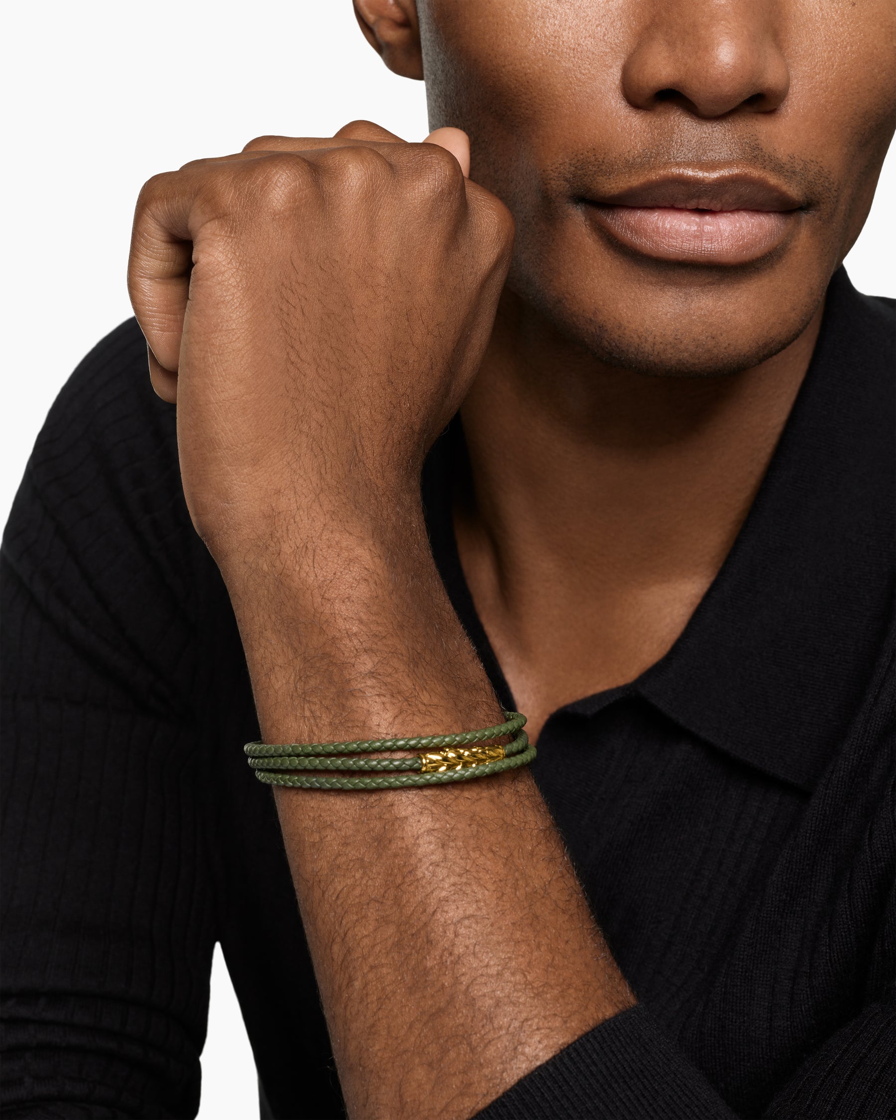 Alternative view of Chevron Triple Wrap Bracelet in Green Leather with 18K Yellow Gold, 3mm