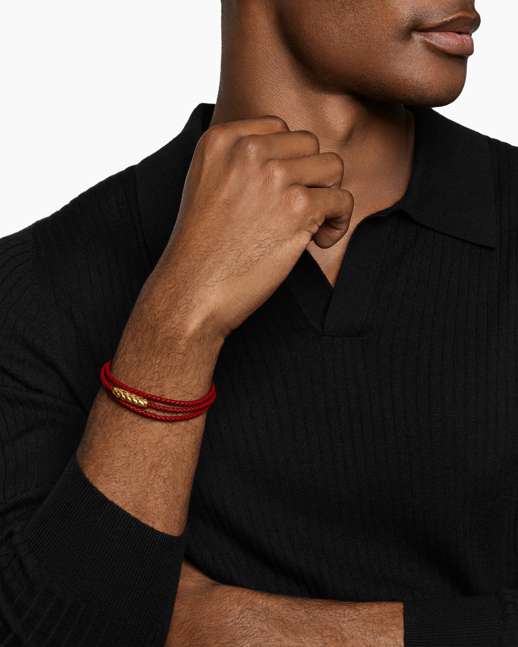 Alternative view of Chevron Triple Wrap Bracelet in Red Leather with 18K Yellow Gold, 3mm