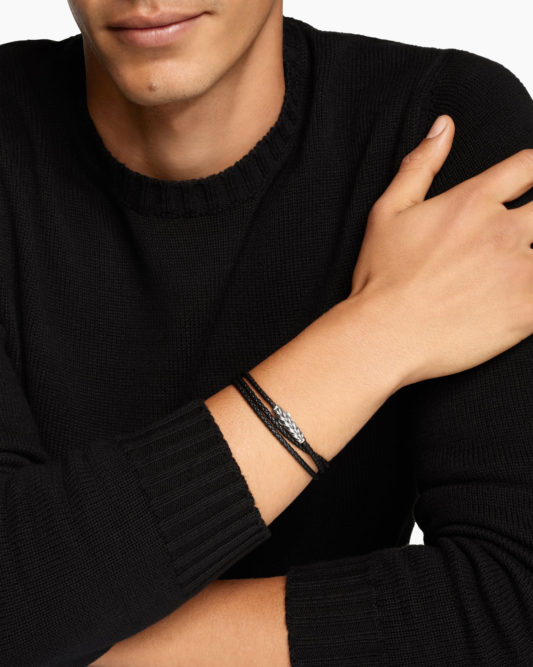 Alternative view of Chevron Triple Wrap Bracelet in Black Leather with Sterling Silver, 3mm