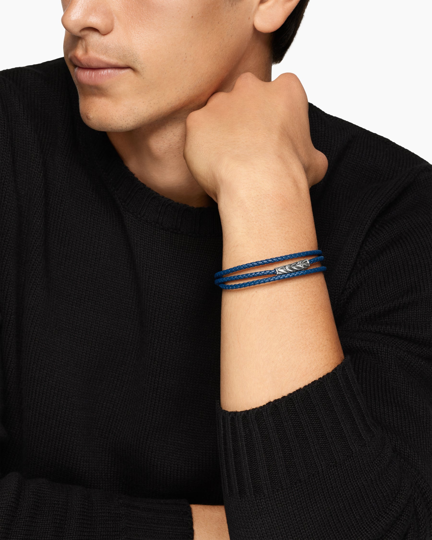 Alternative view of Chevron Triple Wrap Bracelet in Blue Leather with Sterling Silver, 3mm