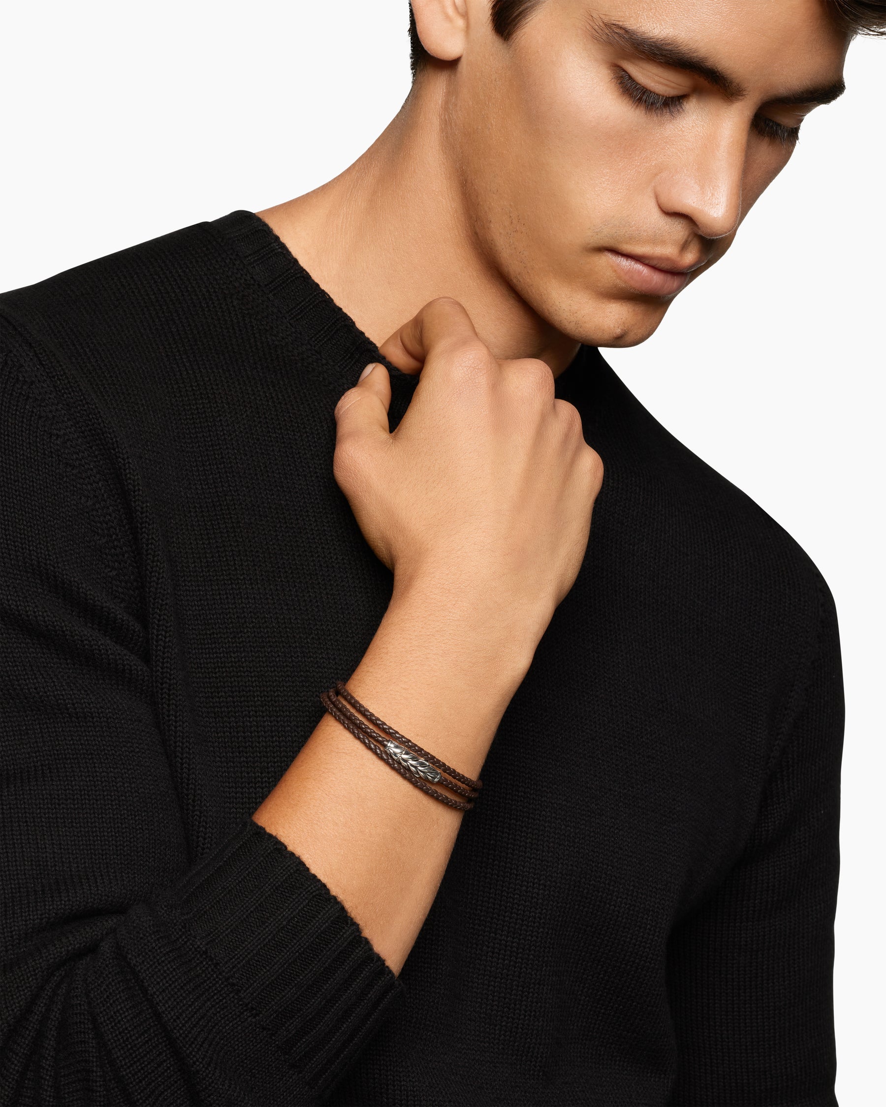 Alternative view of Chevron Triple Wrap Bracelet in Brown Leather with Sterling Silver, 3mm