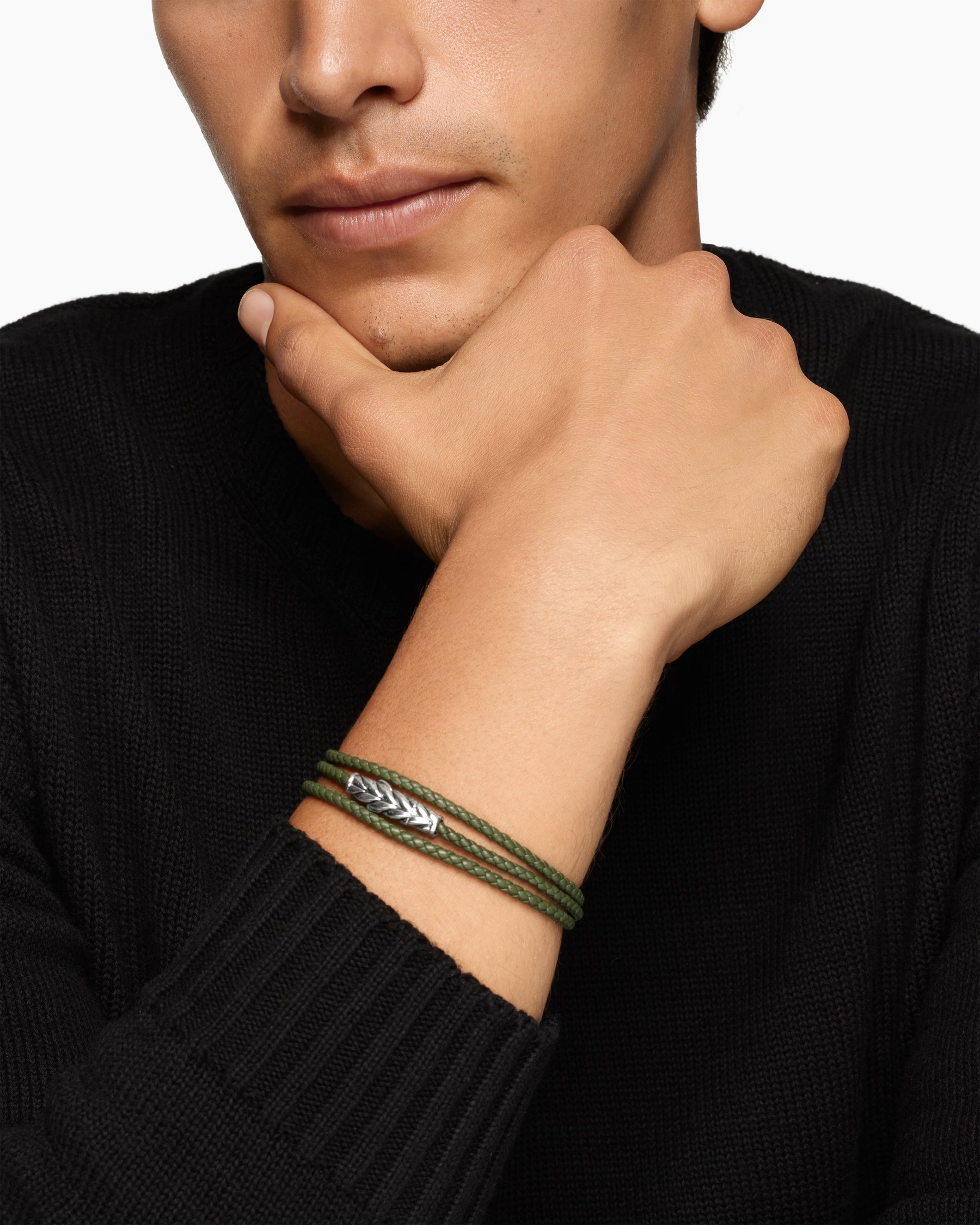 Alternative view of Chevron Triple Wrap Bracelet in Green Leather with Sterling Silver, 3mm