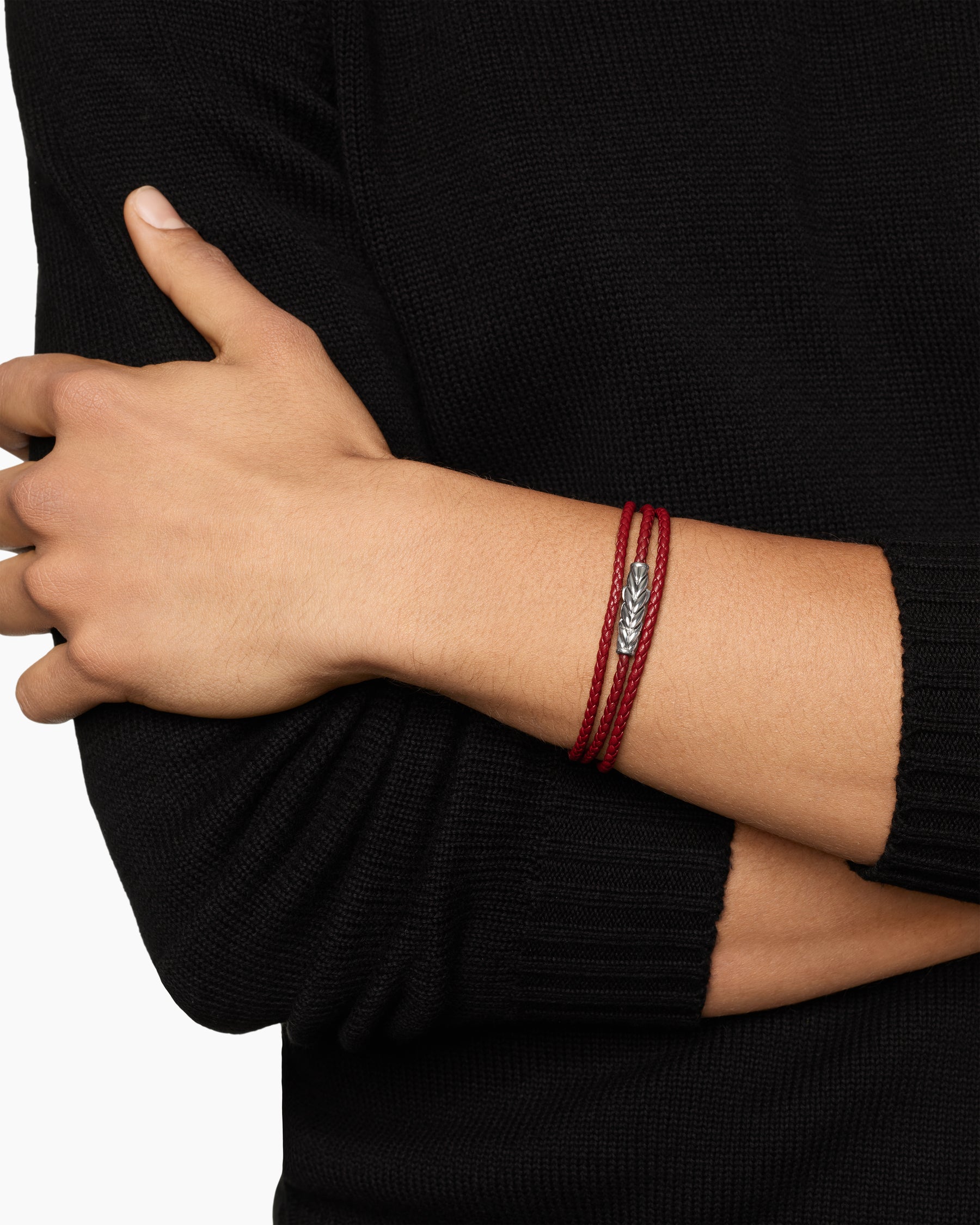 Alternative view of Chevron Triple Wrap Bracelet in Red Leather with Sterling Silver, 3mm