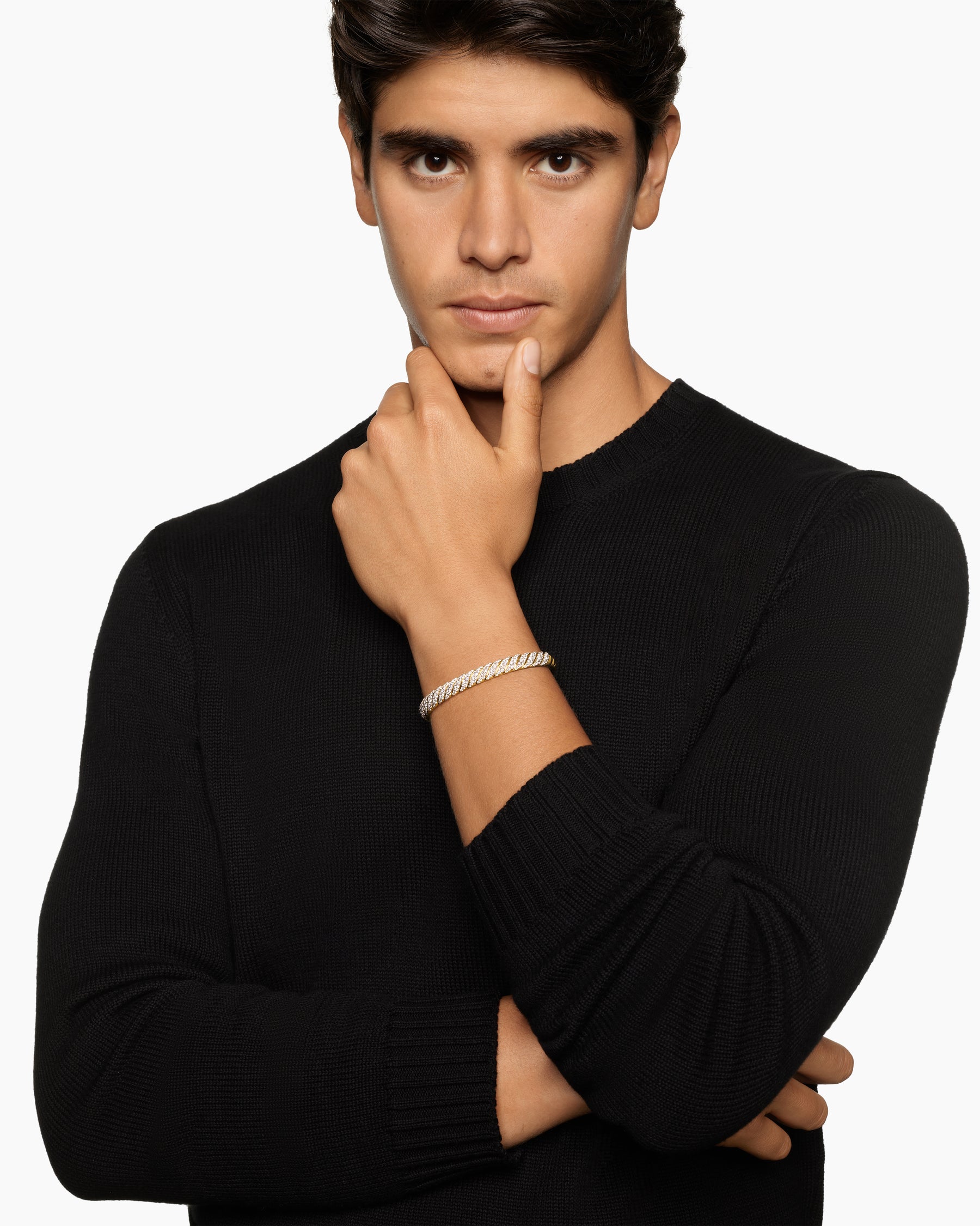 Alternative view of Sculpted Cable Cuff Bracelet in 18K Yellow Gold with Diamonds, 7mm