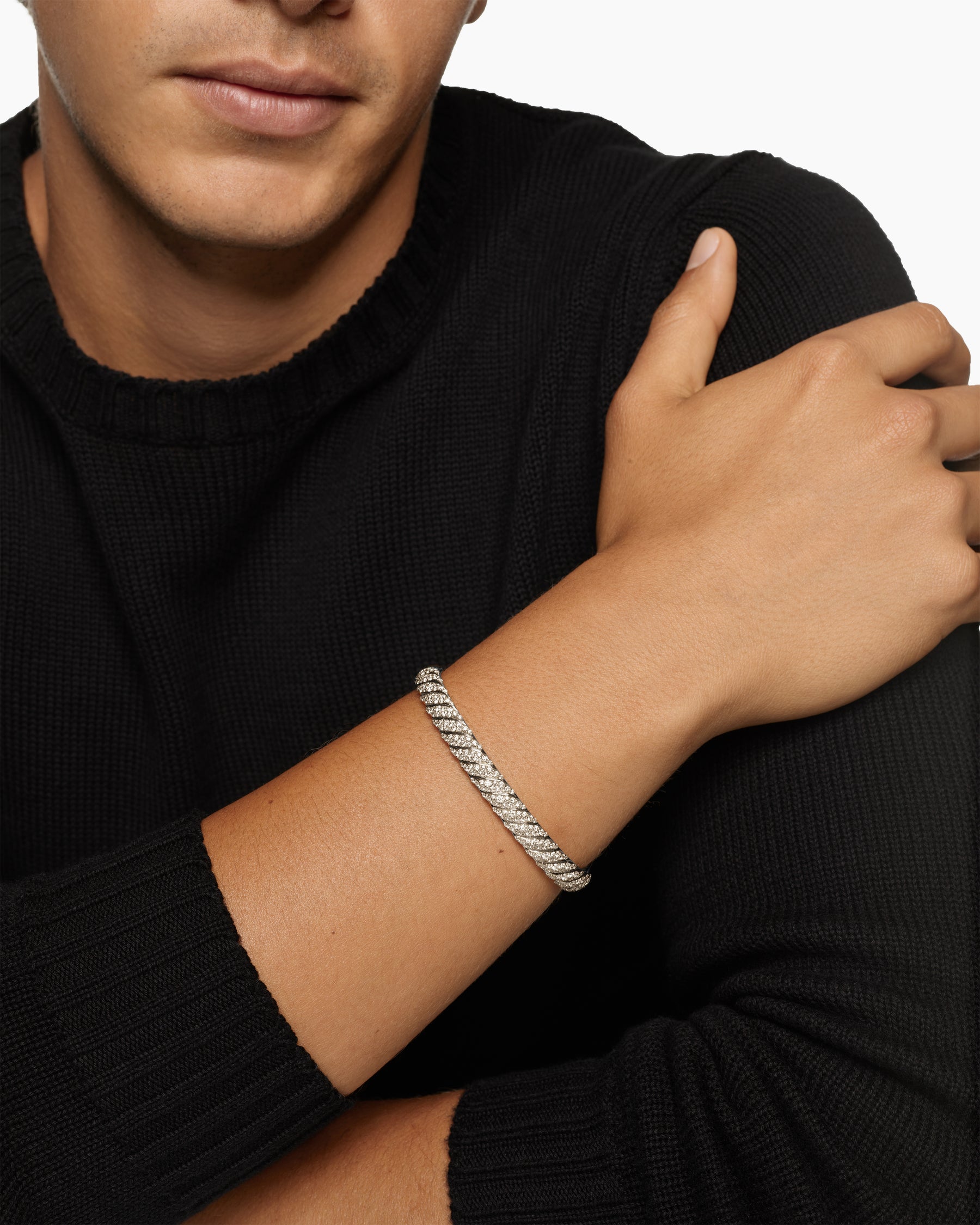 Alternative view of Sculpted Cable Cuff Bracelet in 18K White Gold with Diamonds, 7mm