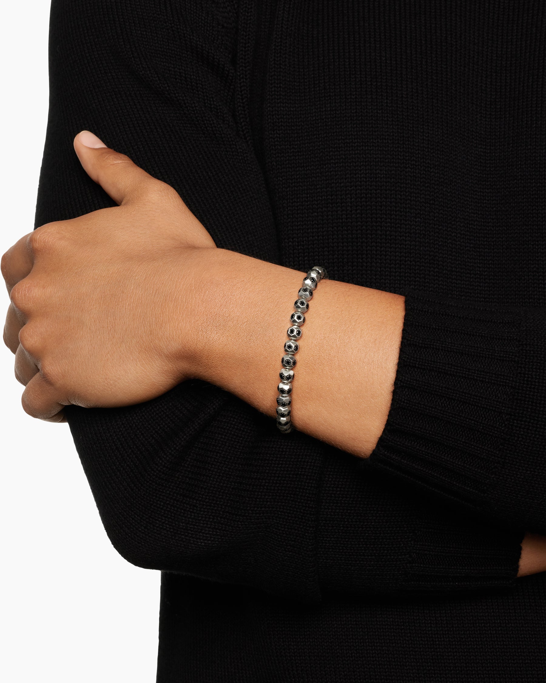 Spiritual Beads Faceted Bracelet in Sterling Silver with Pavé Black Diamonds, 6mm - Image 2