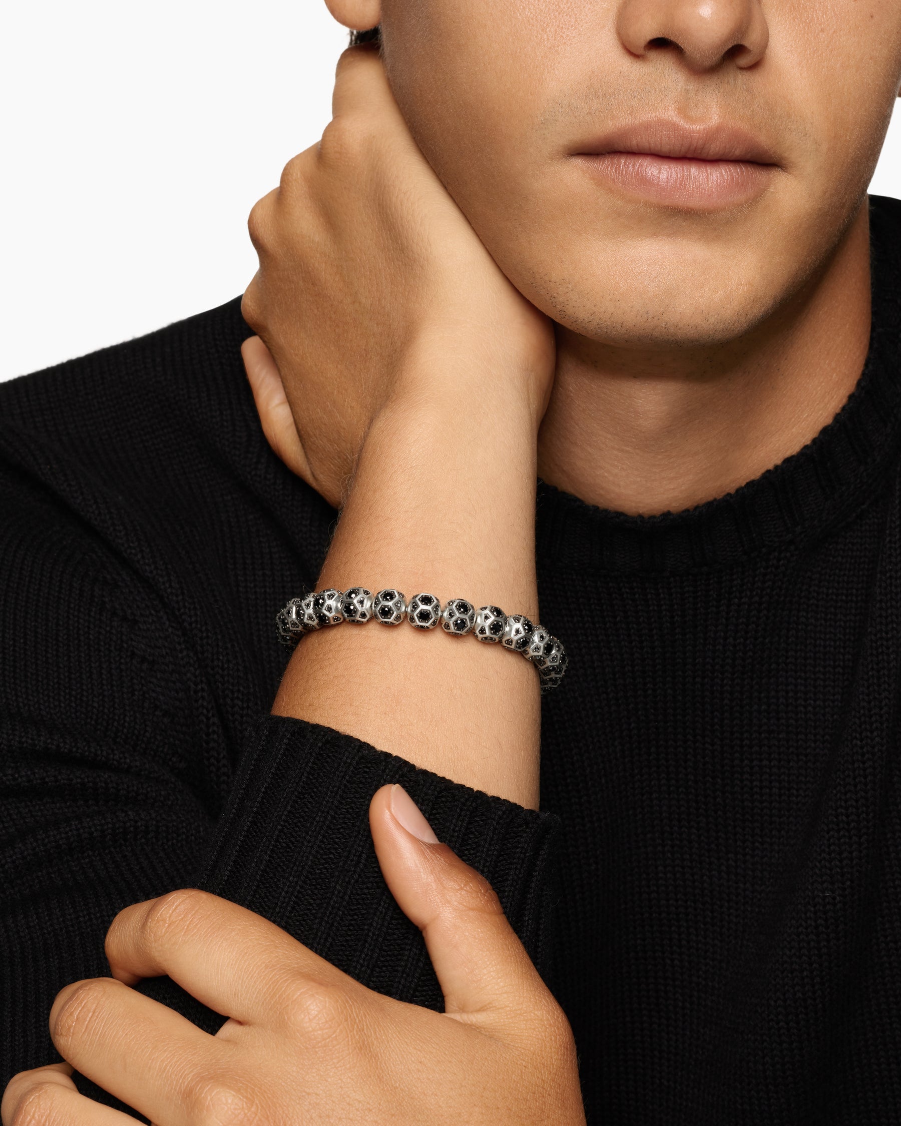 Alternative view of Spiritual Beads Faceted Bracelet in Sterling Silver with Pavé Black Diamonds, 8mm