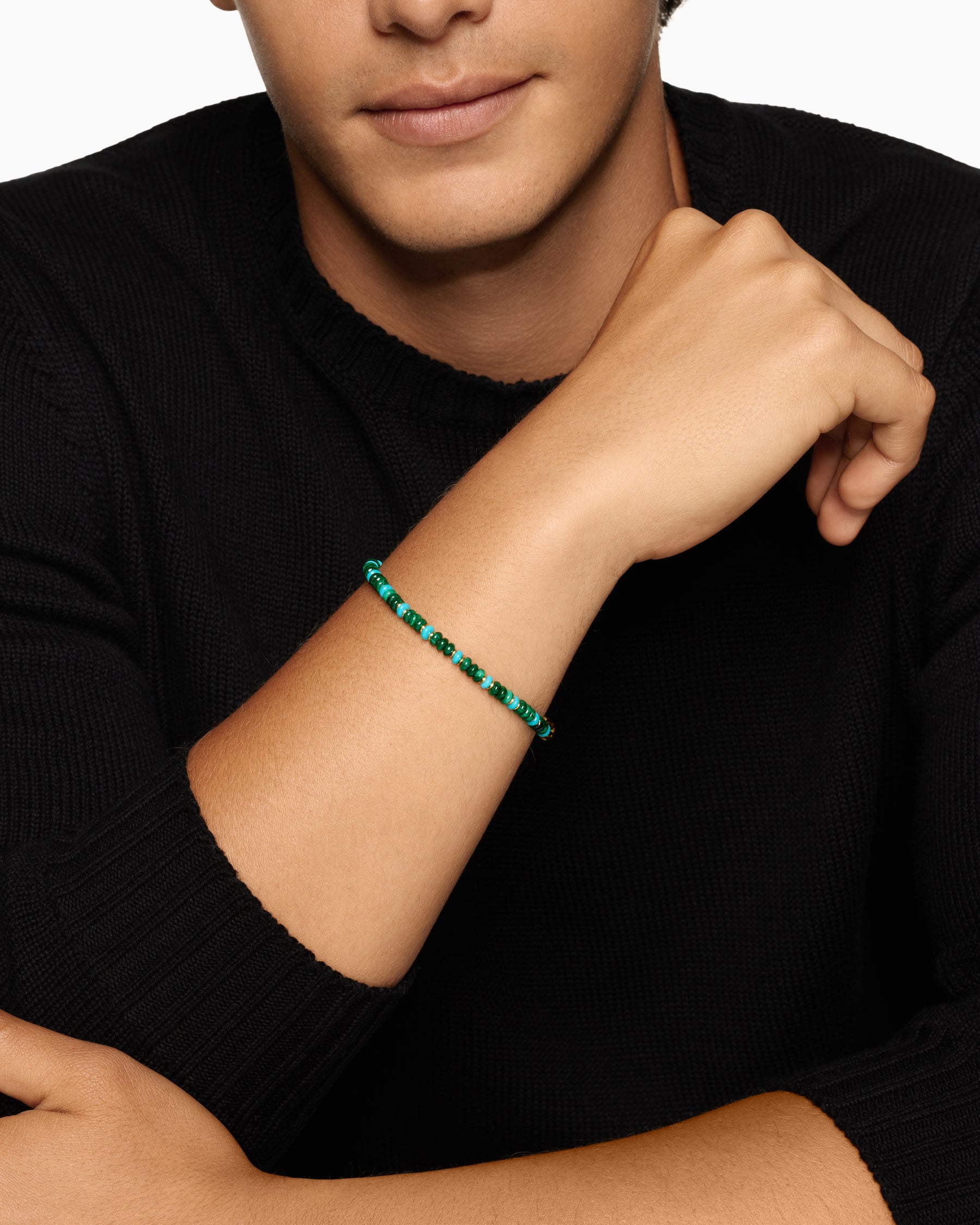 Alternative view of Spiritual Beads Bracelet in 18K Yellow Gold with Malachite and Turquoise, 4mm