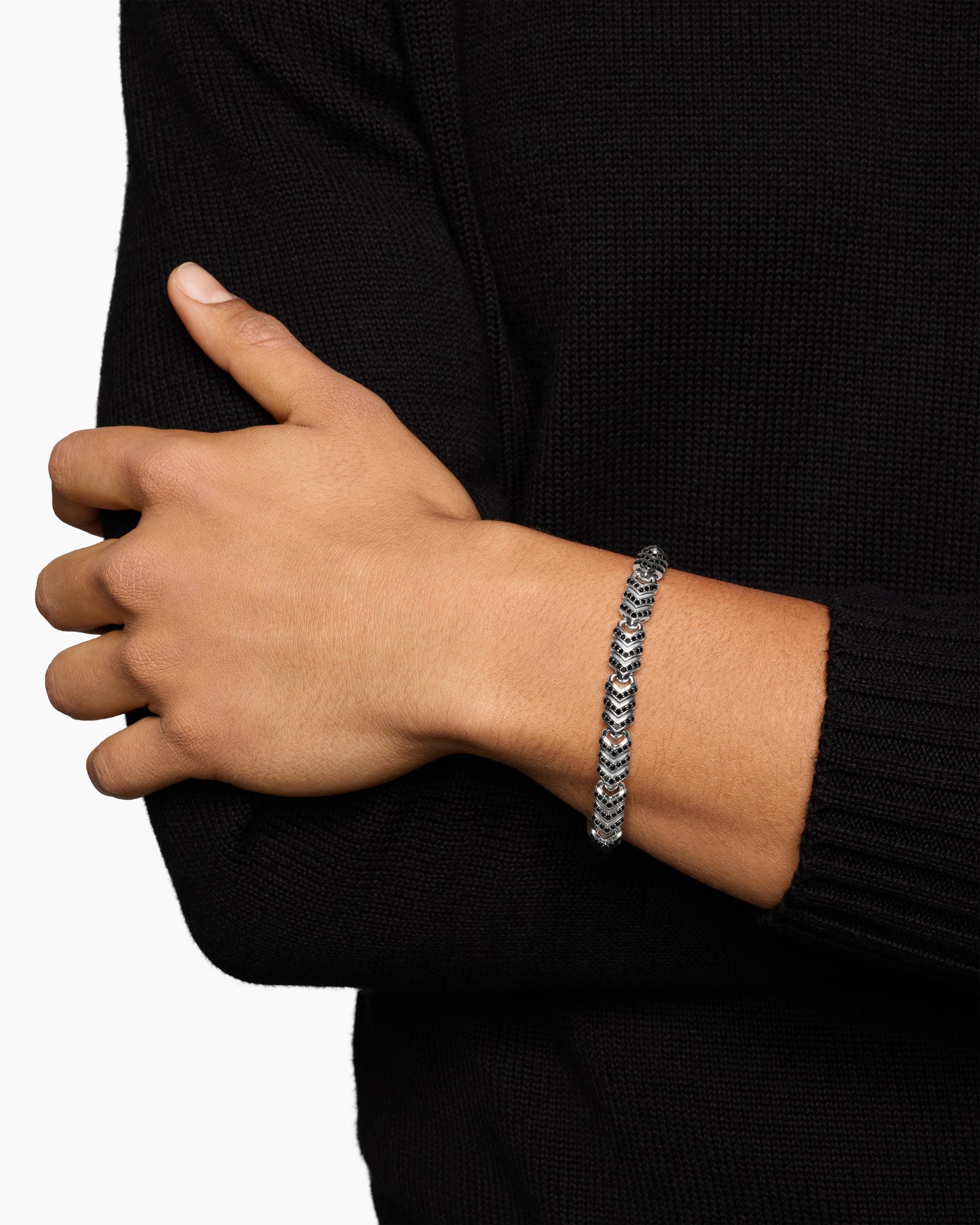 Alternative view of Chevron Link Bracelet in Sterling Silver with Black Diamonds, 7.6mm
