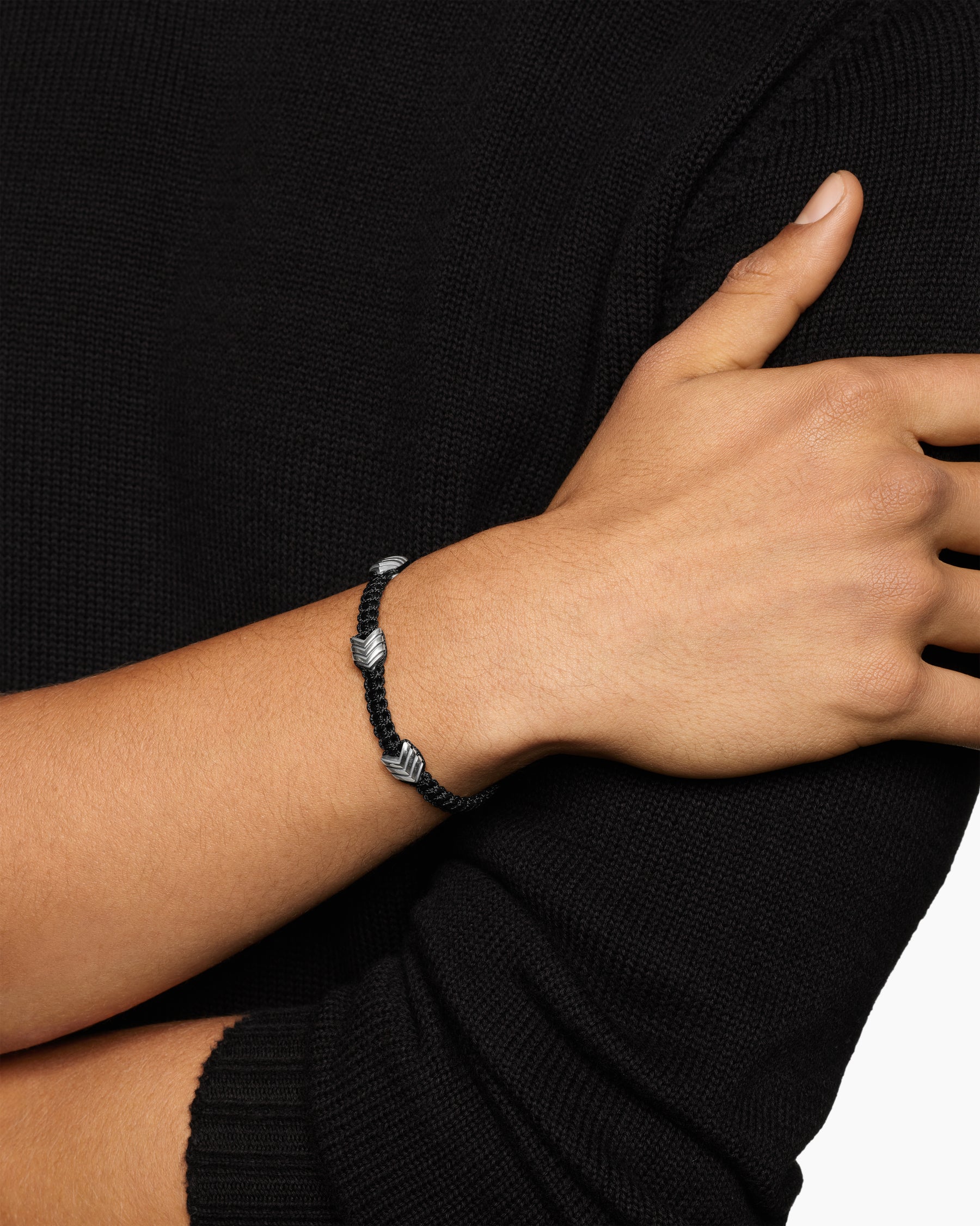 Alternative view of Chevron Black Nylon Woven Station Bracelet with Sterling Silver and Black Onyx, 8.6mm