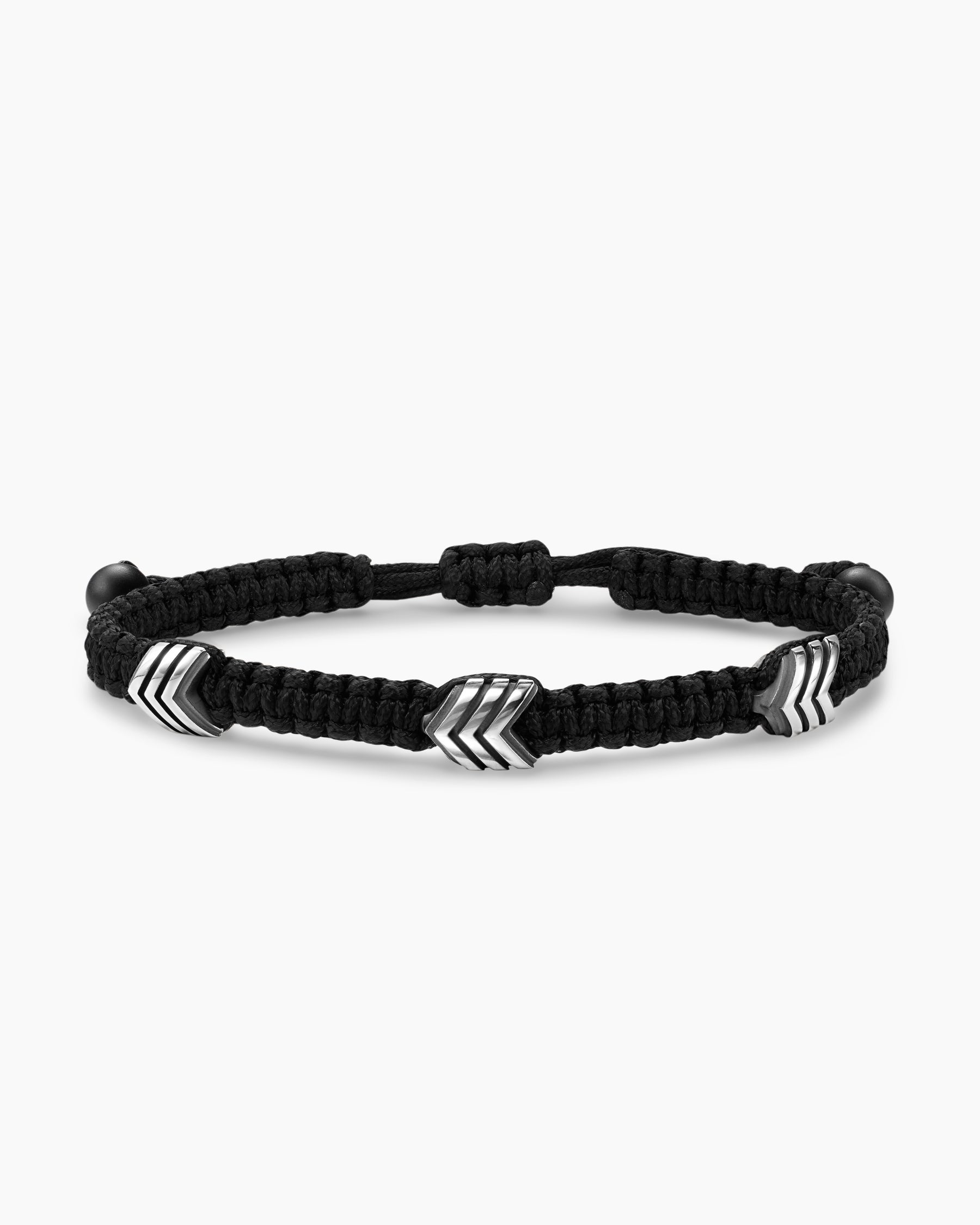 Chevron Black Nylon Woven Station Bracelet with Sterling Silver and Black Onyx, 8.6mm